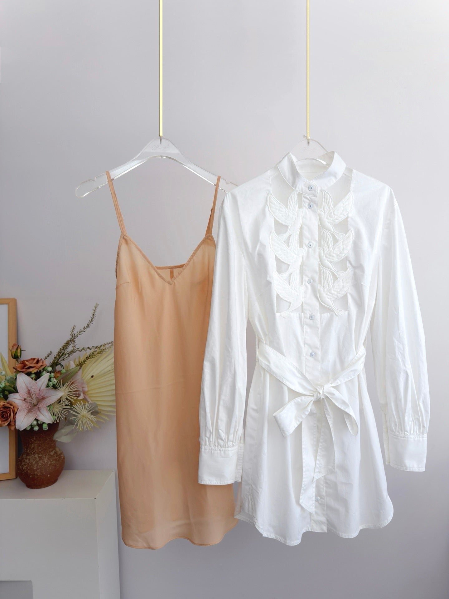 Lovestahl Runway LUNA Cotton Shirt Dress Stand Collar Hollow Bird Cutout Embroidery Lantern Sleeve Detachable Belt With Nude Silk Slip