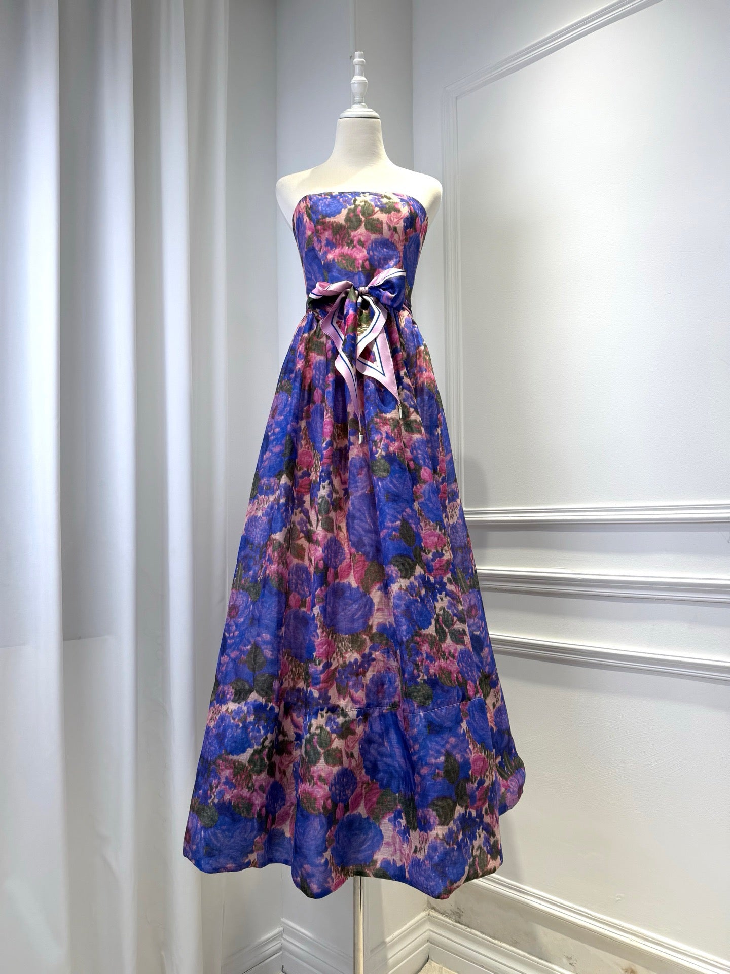 2026 women Lovestahl Women Purple Floral Strapless Maxi Dress Self Tie Bow Belt High Waist Flowy A Line Long Sundress Summer Wedding Guest Formal Dress