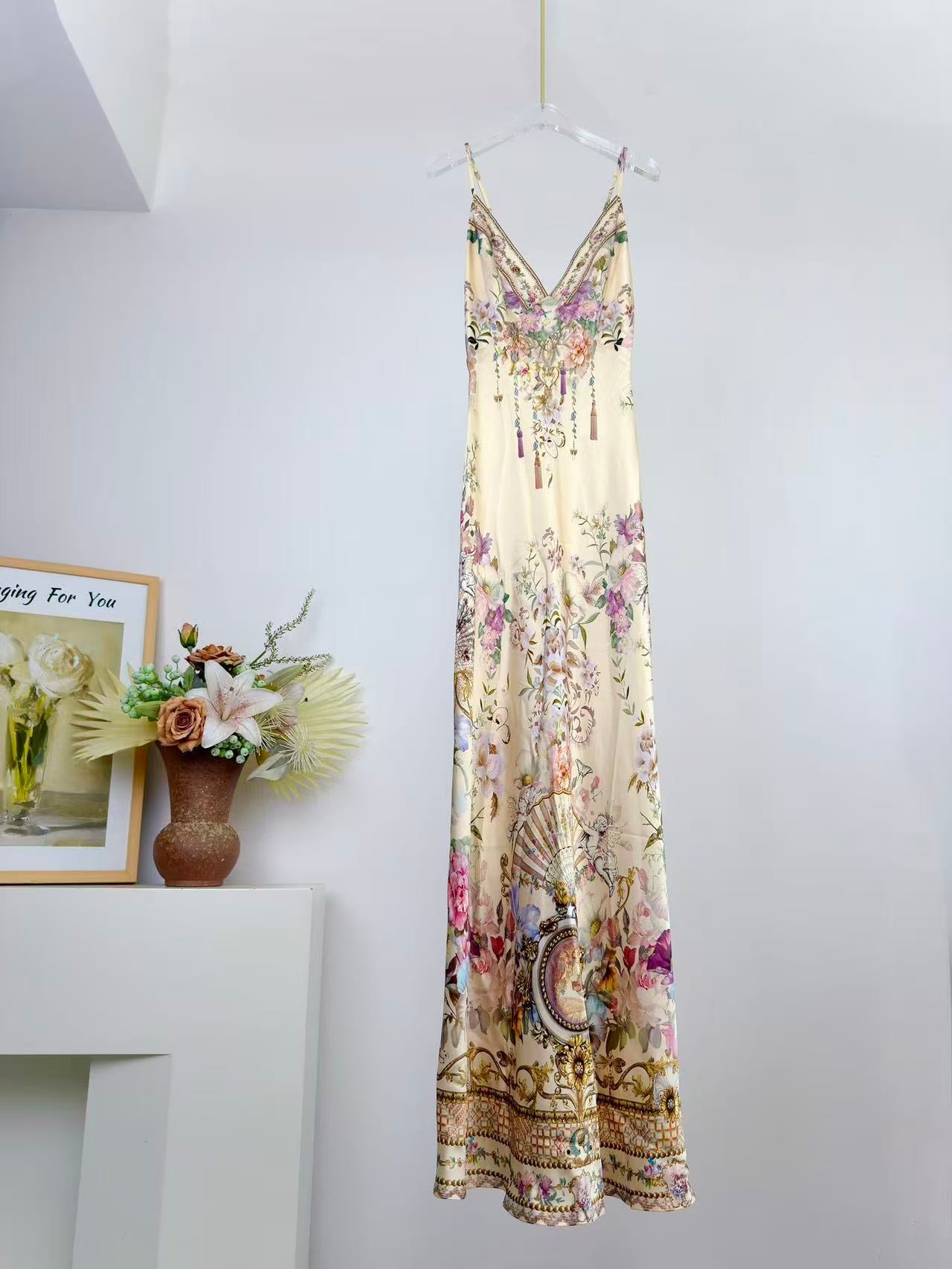 Lovestahl 100% Silk Bias Cut Maxi Dress Vintage Floral Crystal Rhinestone Backless Slip Dress Luxury Designer Party Long Gown