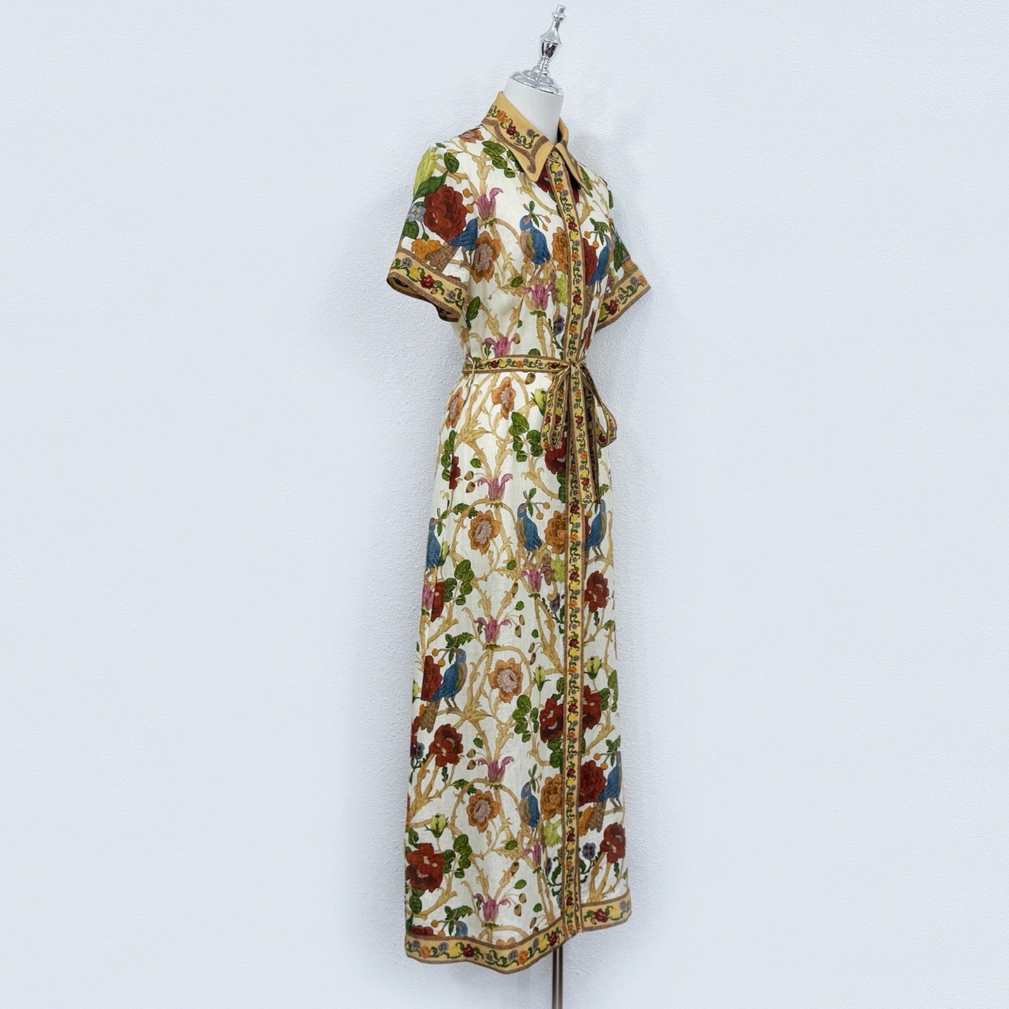 Lovestahl Women Vintage Bird Floral Print Shirt Midi Dress Lapel Short Sleeve Button Front Self Tie Waist Border Trim Retro Garden Holiday Linen Long Dress