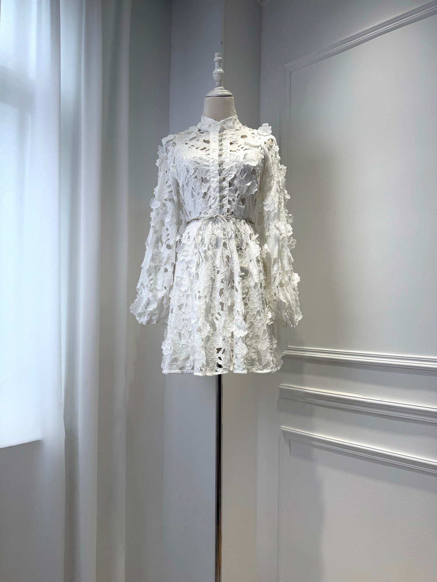 Lovestahl Dreamy White 3D Floral Hollow Lace Mini Dress With Lantern Puff Sleeves And Adjustable Drawstring Waist Perfect For Bridal Shower Beach Wedding