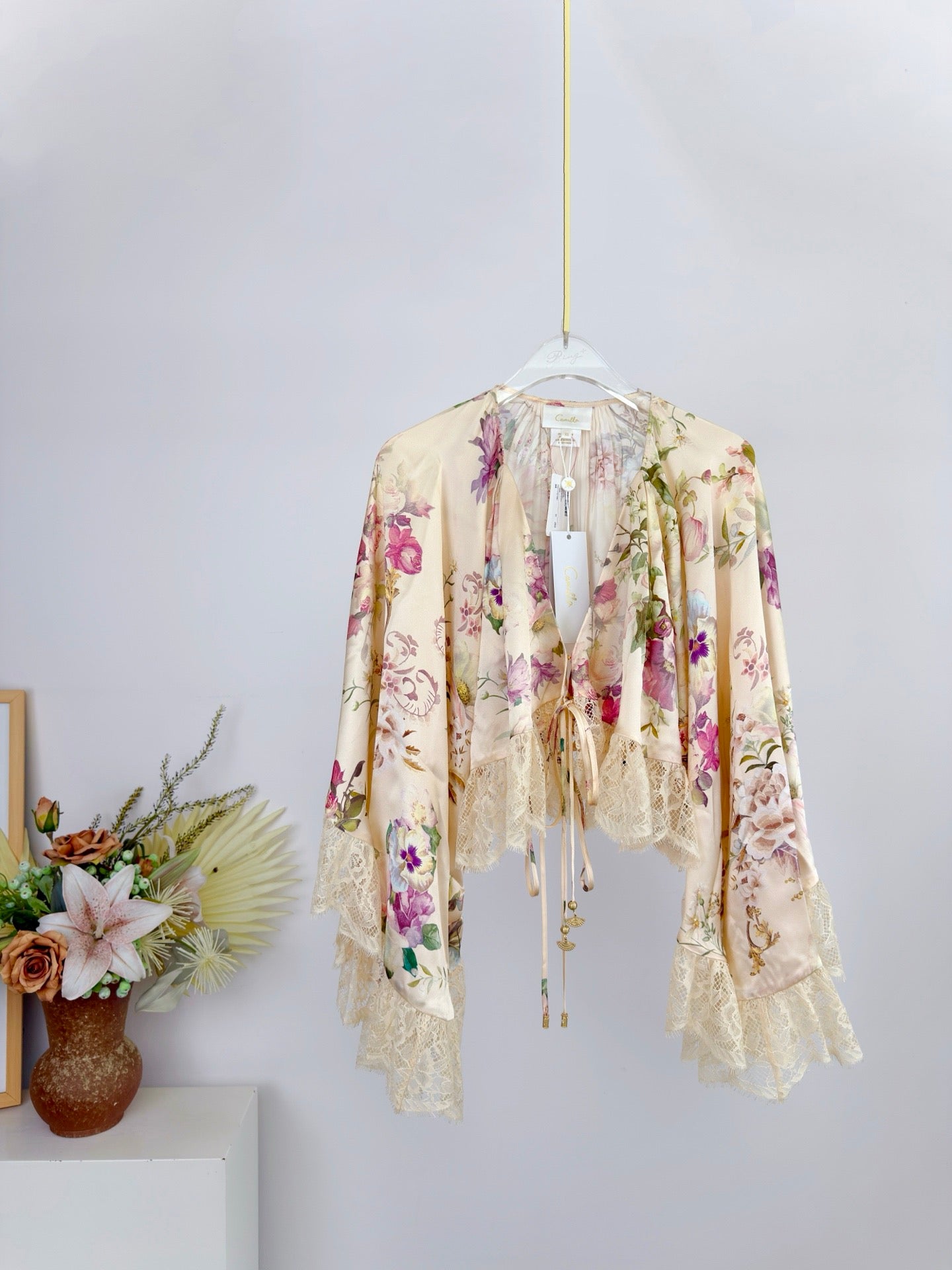 Lovestahl Runway Silk Lace Cape Blouse Batwing Waterfall Ruffle Sleeve Front Tie Heart Tassel Crystal Floral Cropped Top