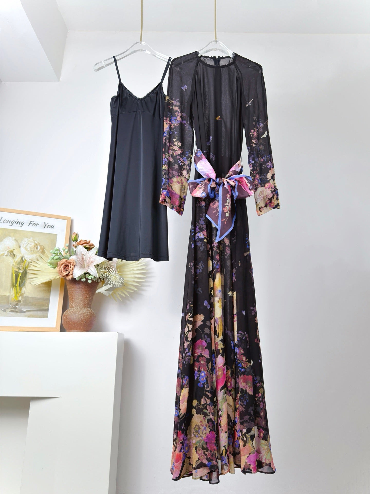 Lovestahl 100% Viscose Black Floral Print Long Sleeve Maxi Dress Women Sheer Mesh Tie Waist Slim Elegant Party Long Dress