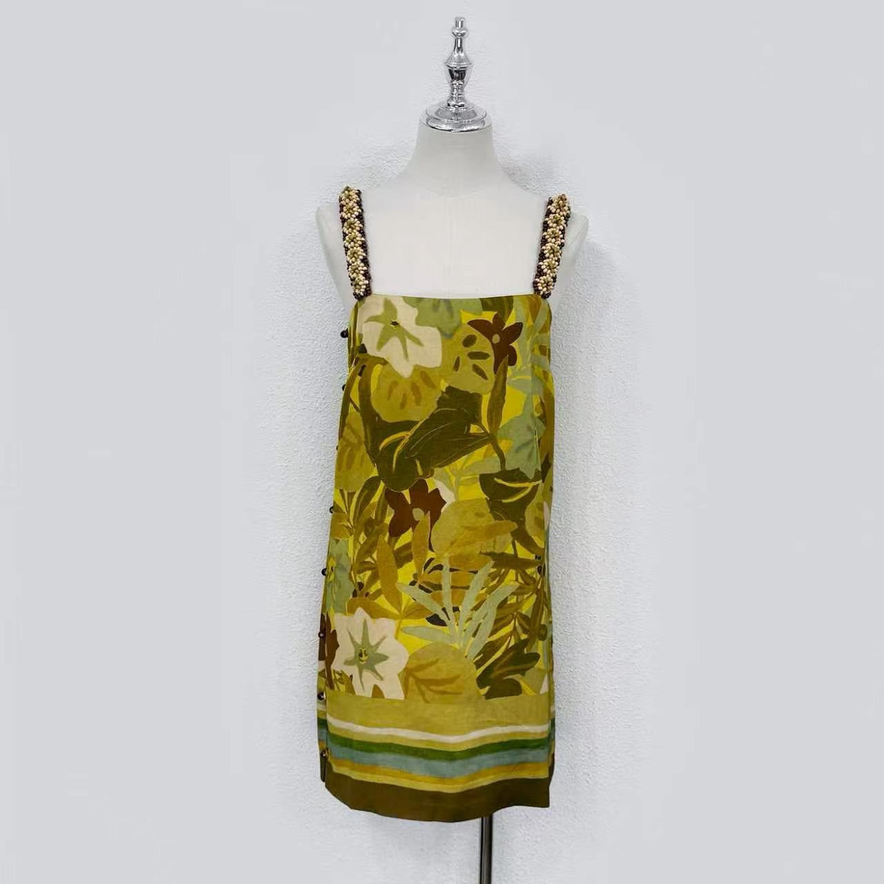 2026 WOMEN Lovestahl Hot Niche Tropical Leaf Print Slip Mini Dress Women Handmade Pearl Beaded Straps Linen Viscose Blend Side Button Straight Short Dress Resort Wear In Stock Size 6-12