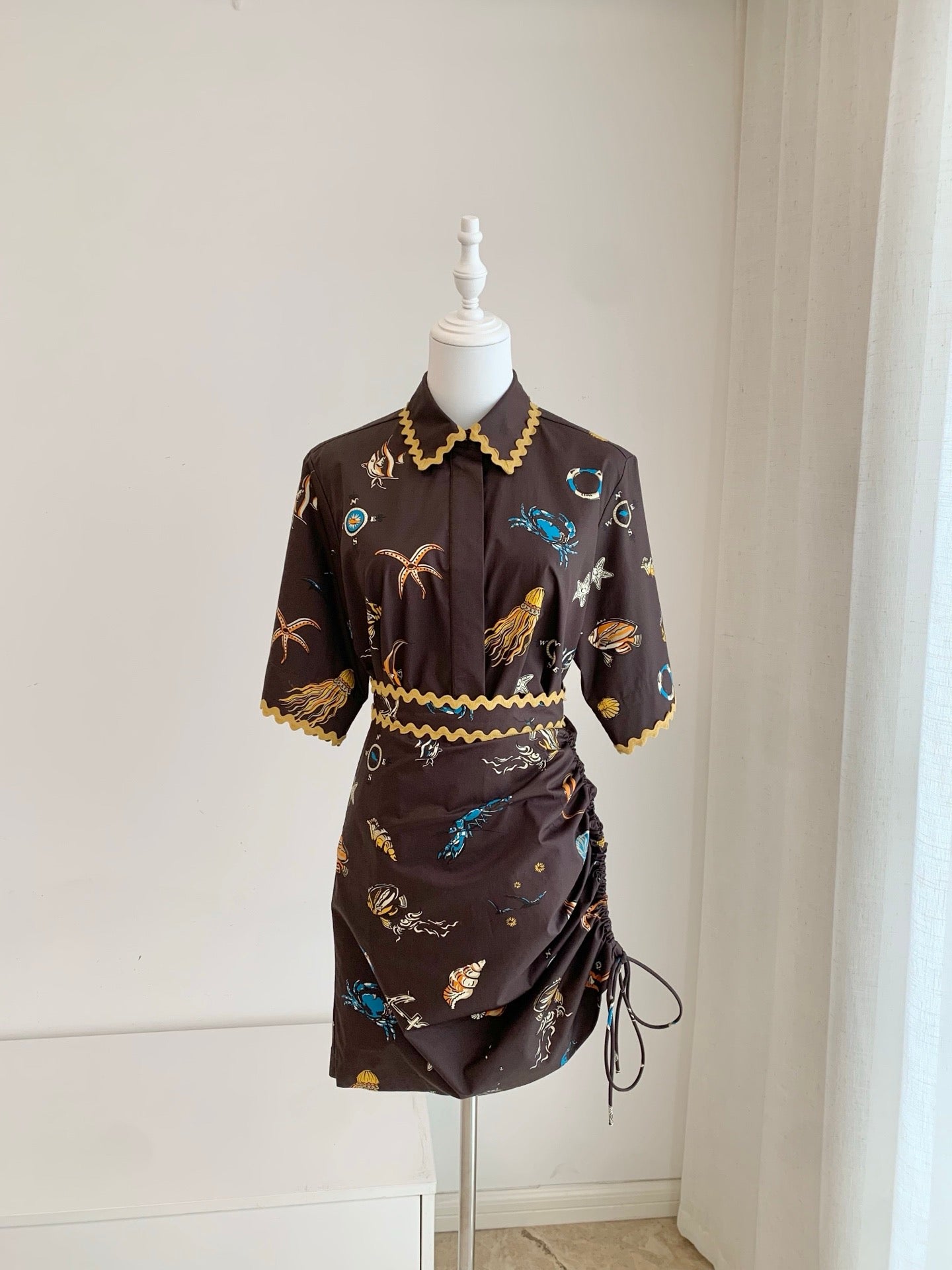 Lovestahl Viral Oceane Nautical Print Shirt Dress Gold Ric Rac Scallop Trim Belted Side Ruched Drawstring Vacation Mini Dress