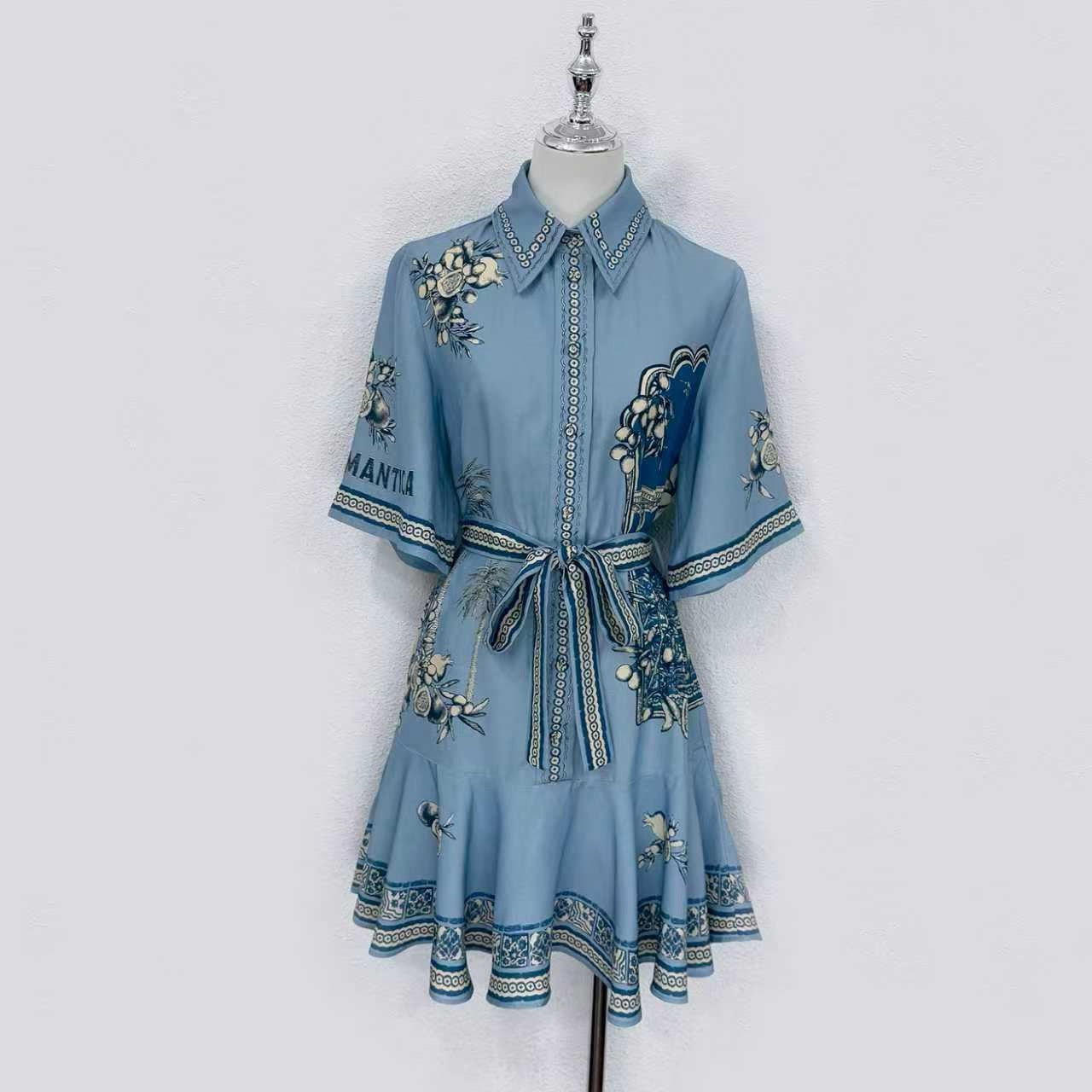 Lovestahl Viral Linen Blend Shirt Dress Mediterranean Lemon Botanical Border Print Belted Flounce Hem Vacation Mini Dress