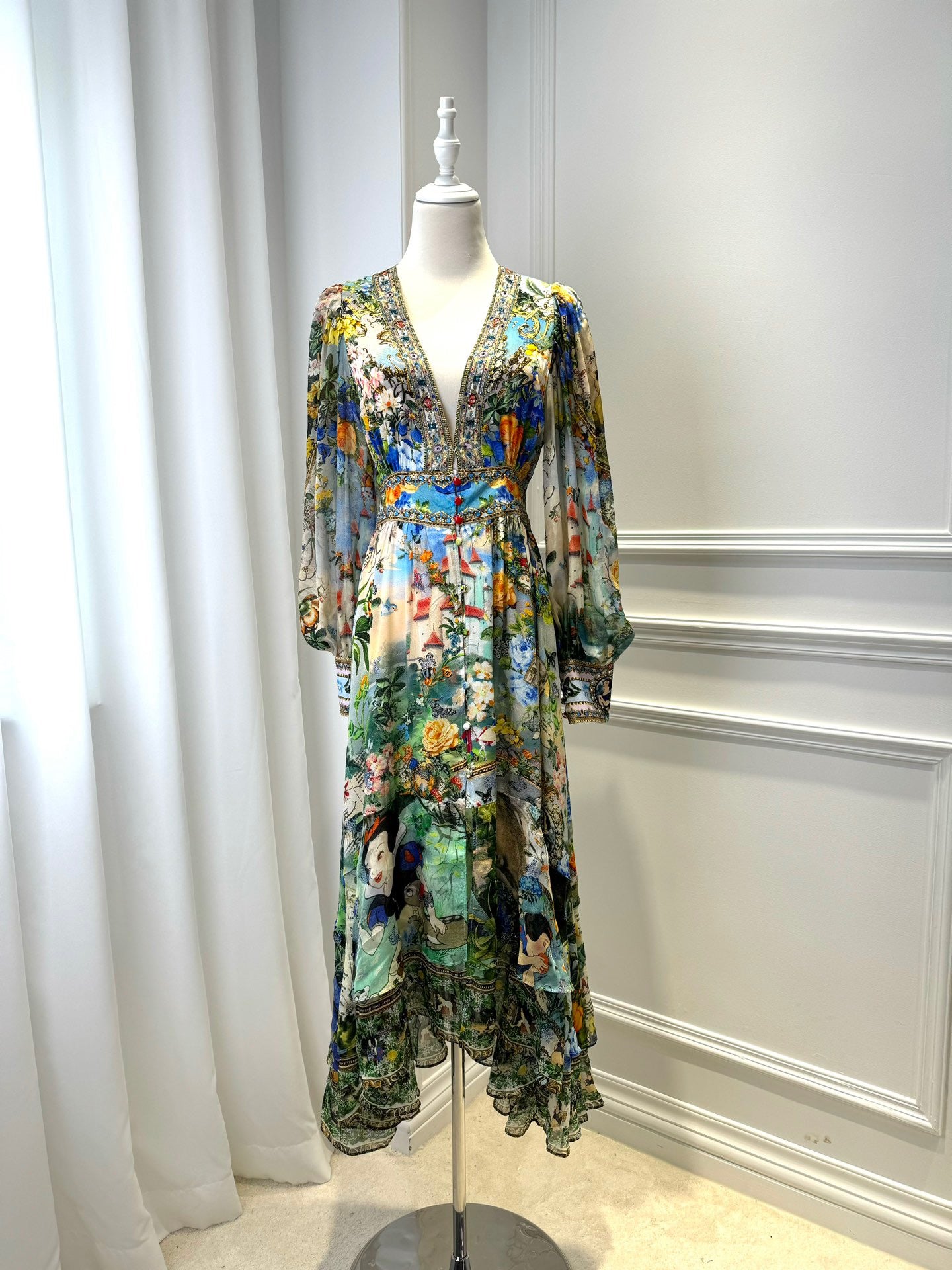 2026 WOMEN LOVESTAHL Fairytale Garden Print Maxi Dress Women Deep V Neck Rhinestone Trim Puff Long Sleeve High Waist Ruffle Hem Vacation Long Dress