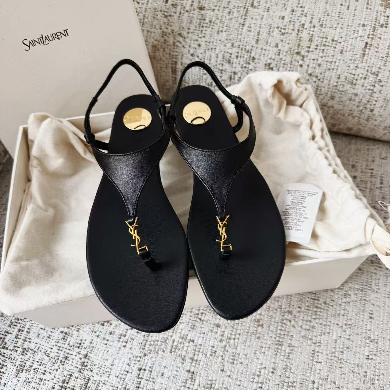 LOVESTAHL Women T‑Strap Flat Thong Sandals, Genuine Cow‑Leather Back‑Ankle Strap Flip‑Flops, Gold‑Metal‑Ornament Summer Beach Slippers