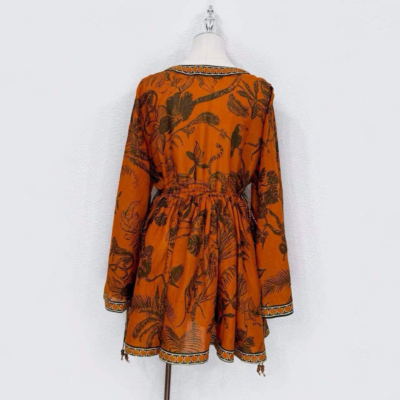 2026 Lovestahl Niche Hot Tropical Jungle Leaf Print Mini Dress Women Deep V Neck Bell Flare Sleeve Drawstring Waist 100% Ramie Loose Bohemian Vacation Short Dress Sizes 6-12 In Stock