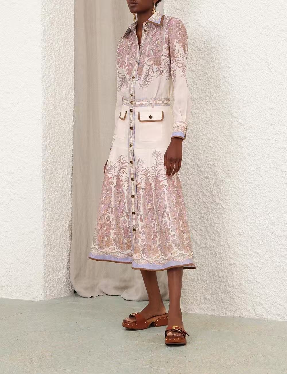 Lovestahl Vintage Paisley Print Shirt Midi Dress Women Lapel Collar Long Sleeve Leather Trim Pocket Belted Waist Elegant Vacation Mid-Calf Dress Sizes 0/1/2/3 In Stock