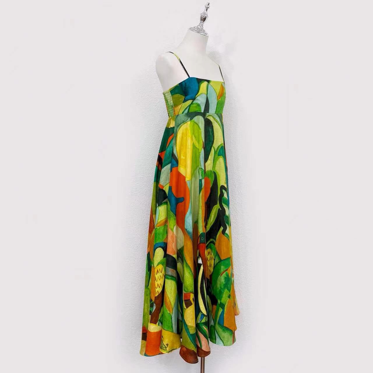 2026 WOMEN Lovestahl Niche Abstract Jungle Oil Print Slip Maxi Dress Women Thin Spaghetti Strap Elastic Bust 100% Linen Flowy A Line Long Resort Dress In Stock Size 6-12