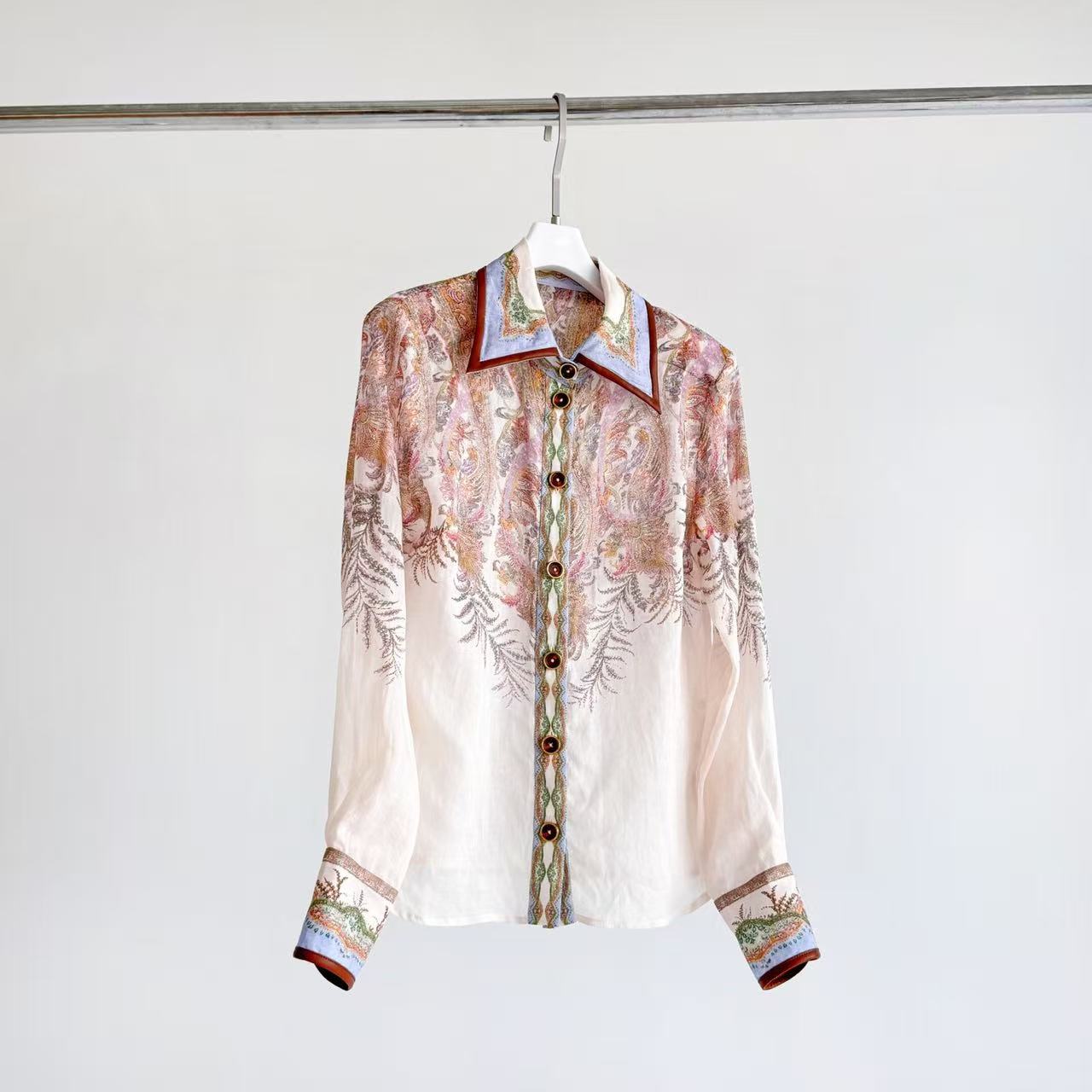 Lovestahl Vintage Paisley Print Shirt Midi Dress Women Lapel Collar Long Sleeve Leather Trim Pocket Belted Waist Elegant Vacation Mid-Calf Dress Sizes 0/1/2/3 In Stock
