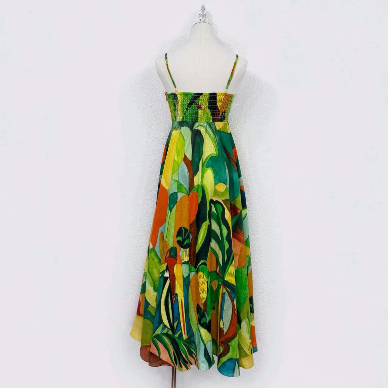 2026 WOMEN Lovestahl Niche Abstract Jungle Oil Print Slip Maxi Dress Women Thin Spaghetti Strap Elastic Bust 100% Linen Flowy A Line Long Resort Dress In Stock Size 6-12