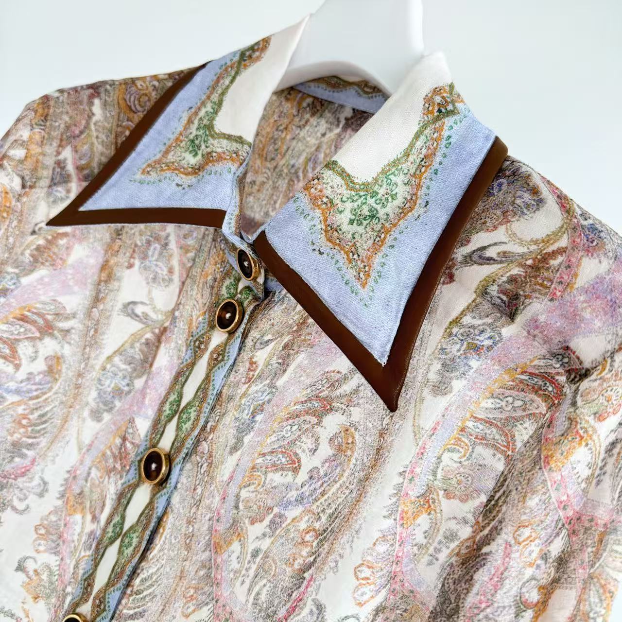 Lovestahl Vintage Paisley Print Shirt Midi Dress Women Lapel Collar Long Sleeve Leather Trim Pocket Belted Waist Elegant Vacation Mid-Calf Dress Sizes 0/1/2/3 In Stock