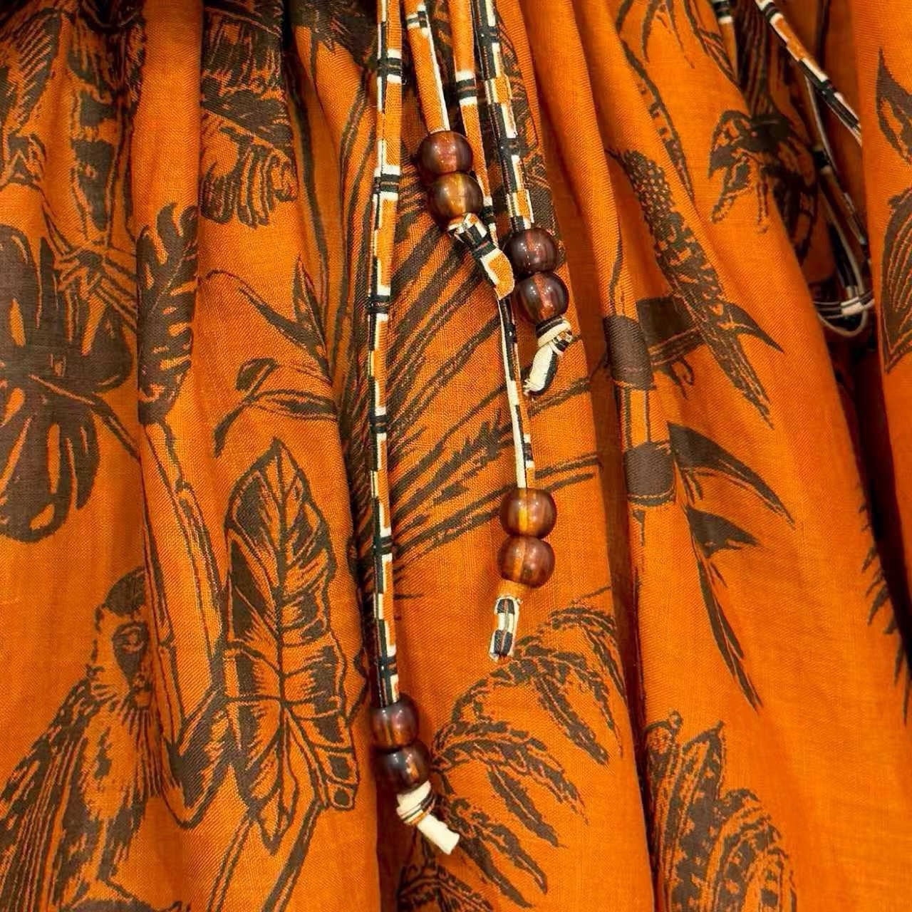 2026 Lovestahl Niche Hot Tropical Jungle Leaf Print Mini Dress Women Deep V Neck Bell Flare Sleeve Drawstring Waist 100% Ramie Loose Bohemian Vacation Short Dress Sizes 6-12 In Stock