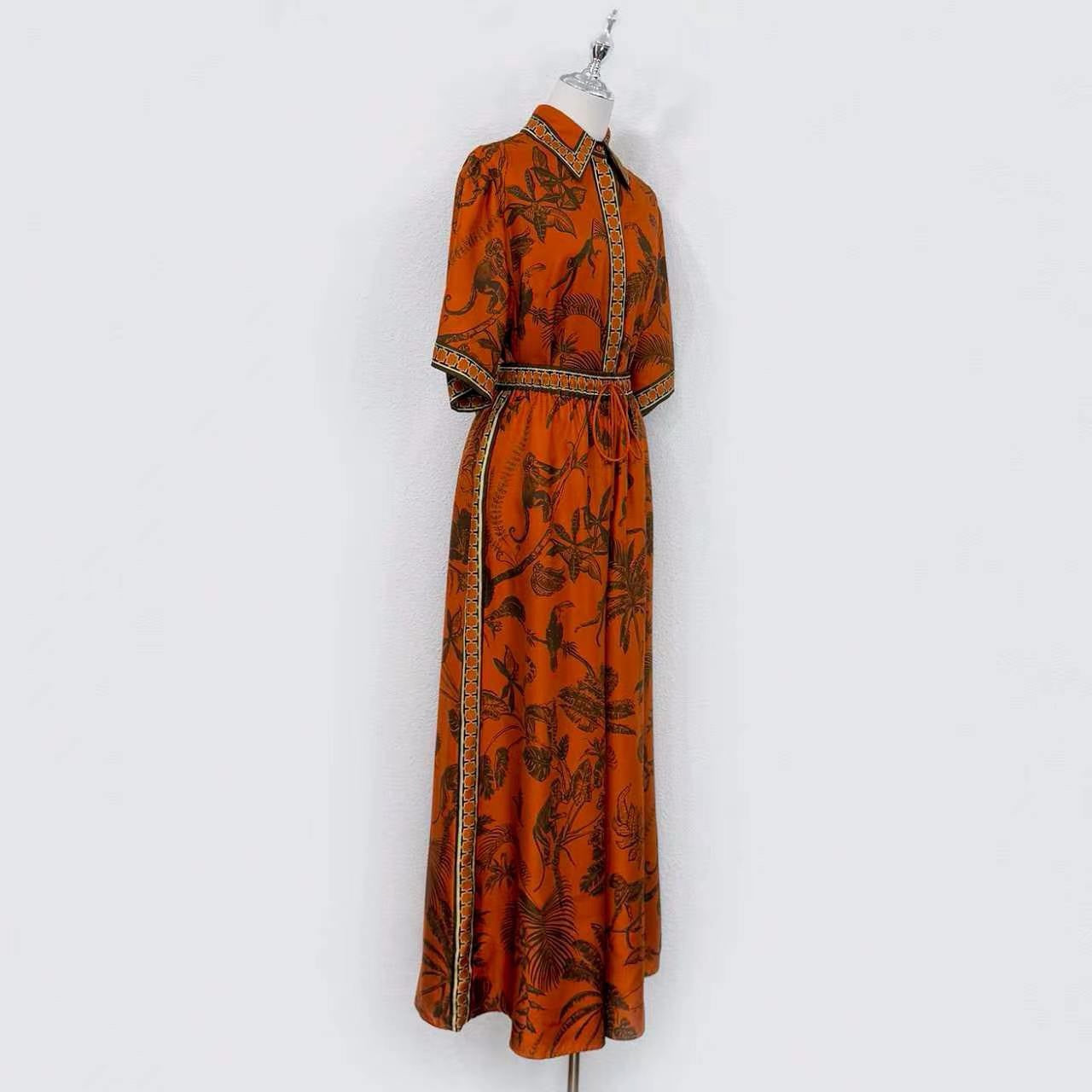 2026 WOMEN Lovestahl Niche Hot Tropical Jungle Animal Print Shirt Maxi Dress Women Lapel Collar Short Sleeve Drawstring Waist Border Trim Bohemian Vacation Long Dress Sizes 6-12 In Stock