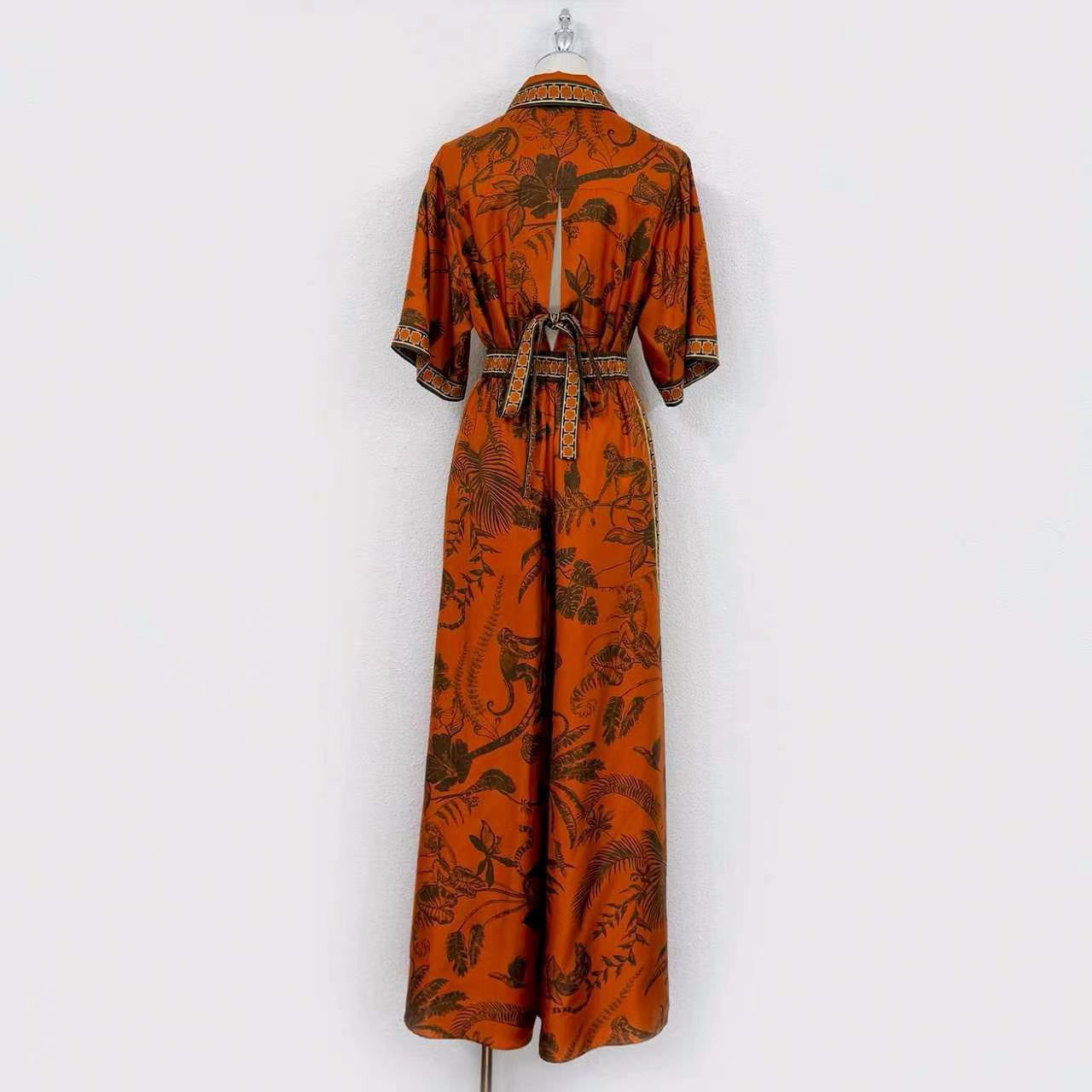 2026 WOMEN Lovestahl Niche Hot Tropical Jungle Animal Print Shirt Maxi Dress Women Lapel Collar Short Sleeve Drawstring Waist Border Trim Bohemian Vacation Long Dress Sizes 6-12 In Stock