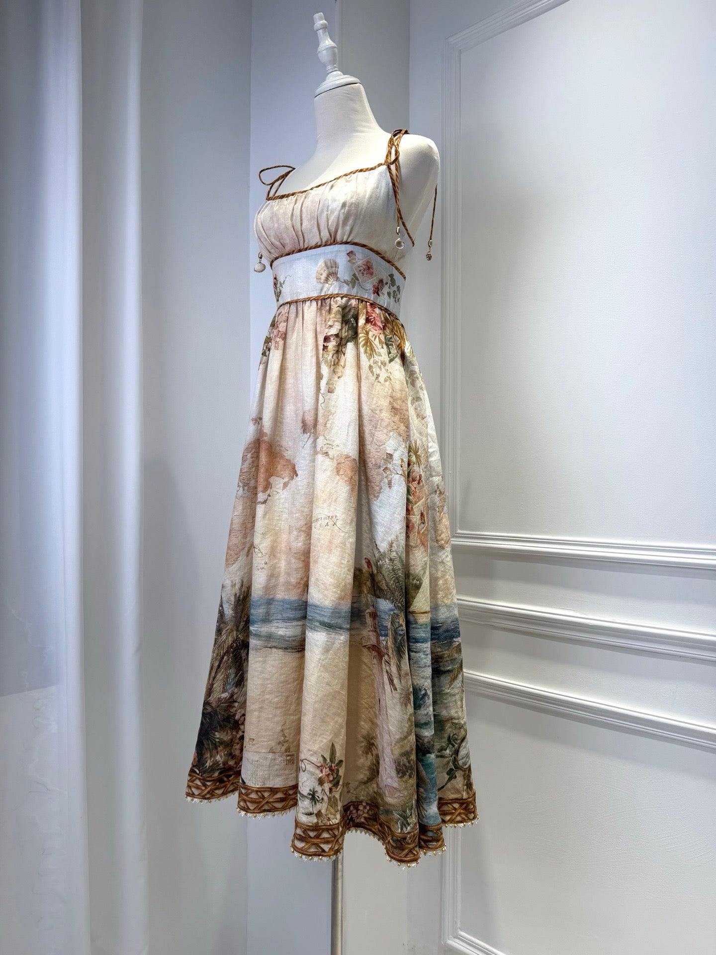 Lovestahl Vintage Tropical Seaside Map Print Spaghetti Strap Midi Dress Women Beaded Tie Shoulder High Waist Flowy A Line Long Dress Retro Vacation Beach Chiffon Sundress