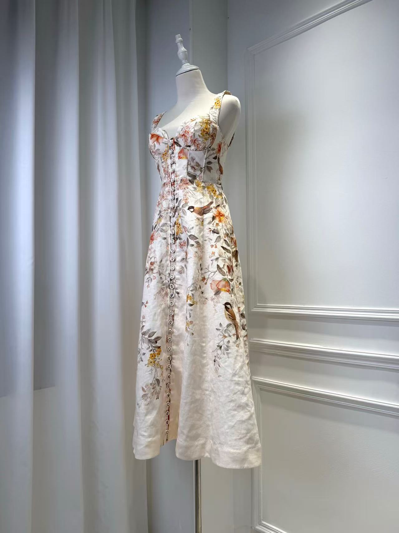 Lovestahl Cream Songbird Floral Linen Midi Dress Women Sweetheart Corset Bust Spaghetti Strap Front Button Vintage Bird Print A Line Vacation Long Dress