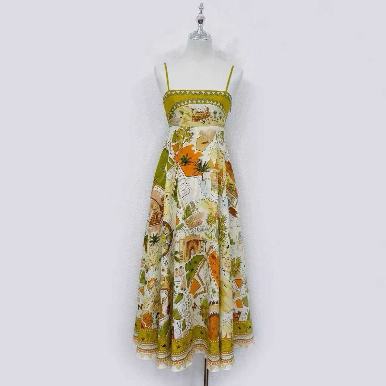 2026 lovestahl women Printed Linen Camisole Dress with Desert Camel Bell Motif