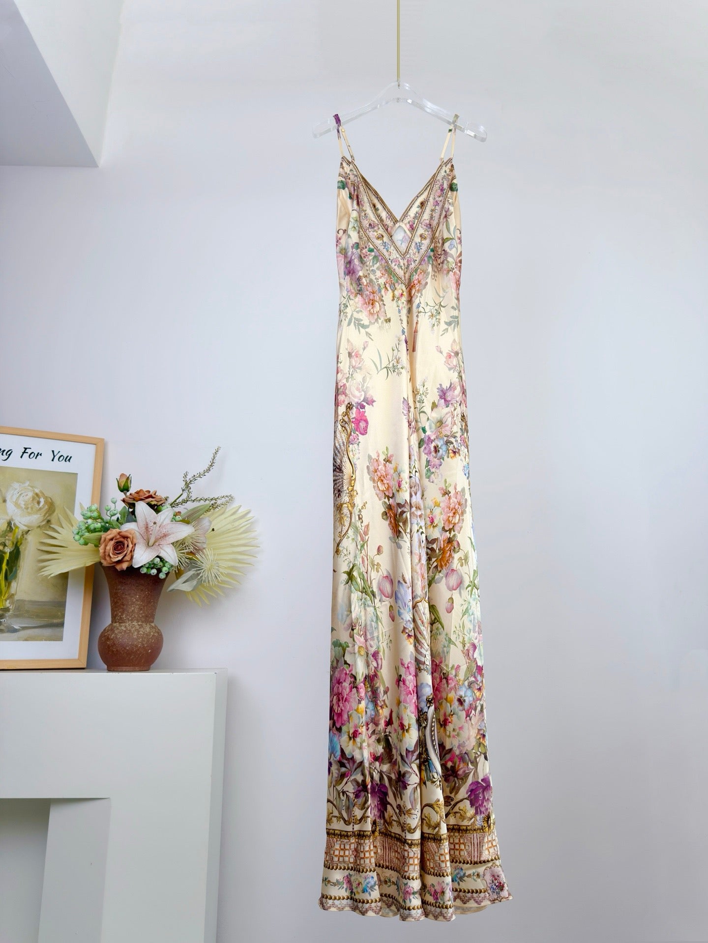 Lovestahl 100% Silk Bias Cut Maxi Dress Vintage Floral Crystal Rhinestone Backless Slip Dress Luxury Designer Party Long Gown