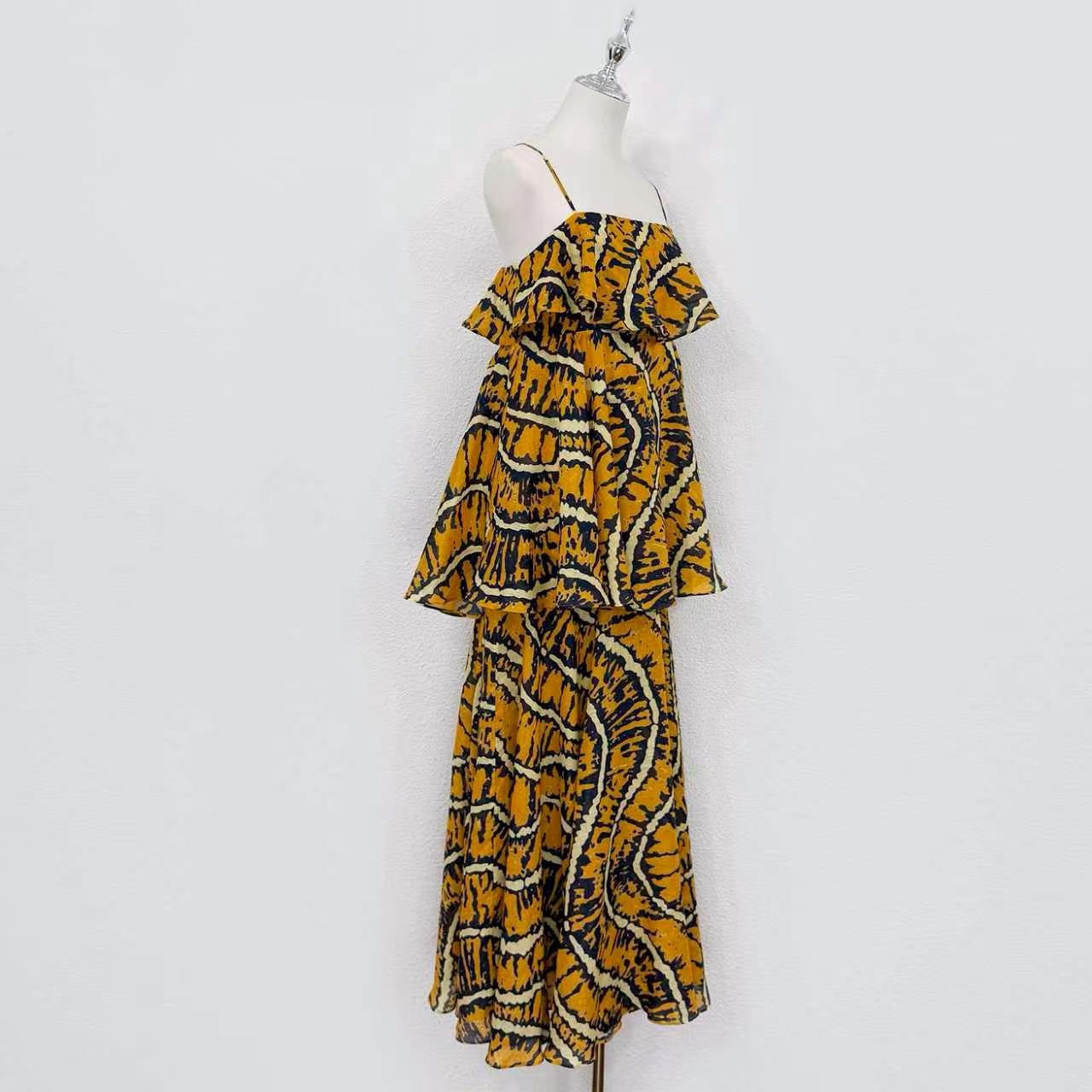 2026 women lovestahl Lovestahl Women Yellow Tiger Stripe Print Spaghetti Strap Maxi Dress Double Layer Ruffle Tiered Flowy Chiffon Long Sundress Summer Beach Vacation Boho Dress