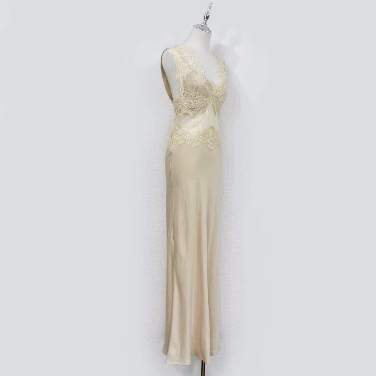 2026 women Lovestahl Women Sleeveless V Neck Hollow Lace Cutout Silk Satin Maxi Slip Dress