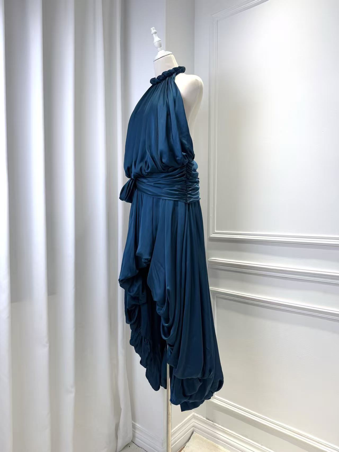 Lovestahl Frilled Halter Satin Maxi Dress Women Elastic Waist Self Tie Belt Gown Irregular Ruched Layered Long Dress Wedding Guest Formal Evening Party Dress