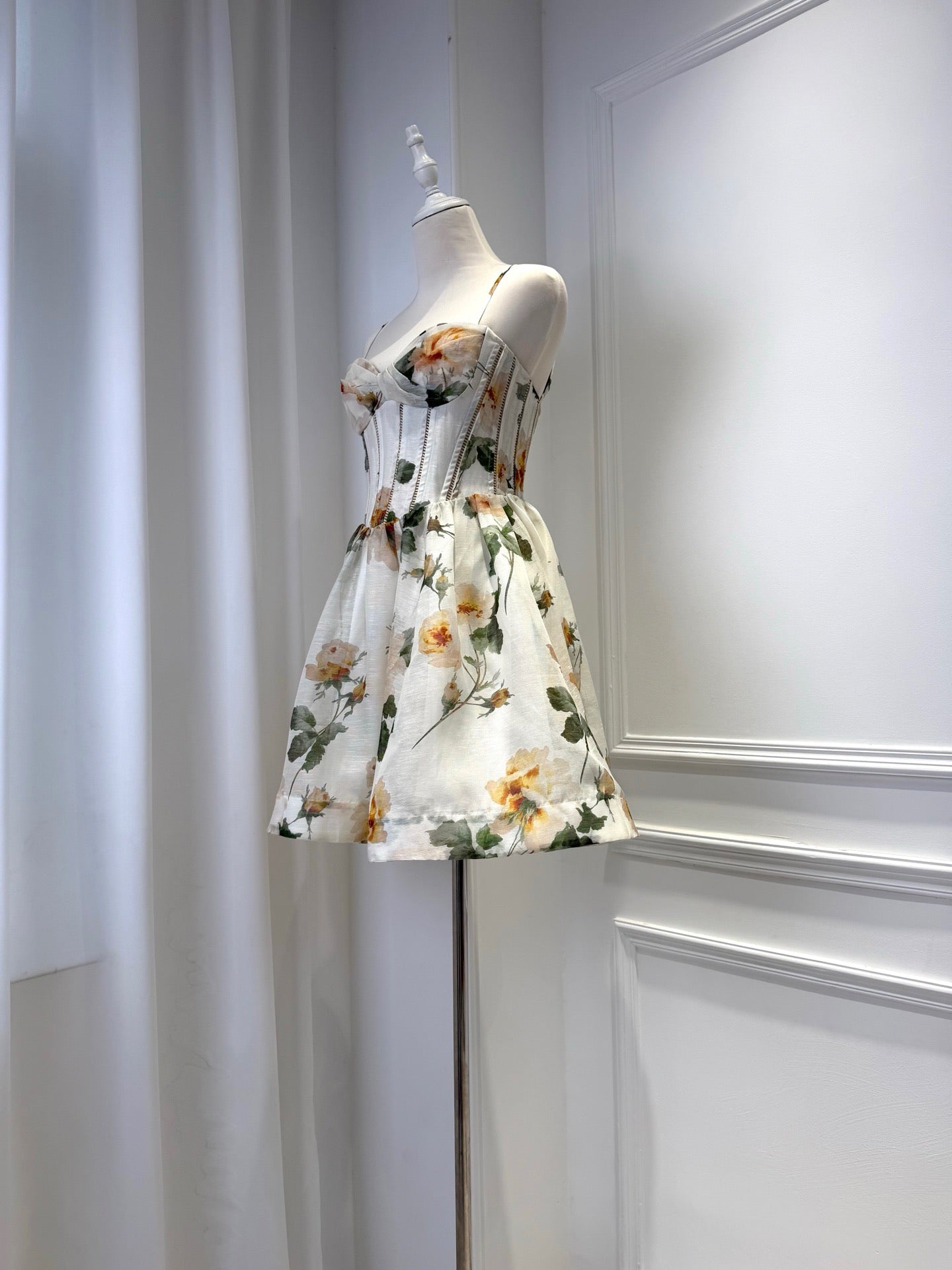 2026 WOMEN Lovestahl Yellow Rose Floral Print Corset Mini Dress Women Thin Spaghetti Strap Bow Bust Structured Waist Flare Skirt Summer Short Dress Sizes 0/1/2/3 In Stock