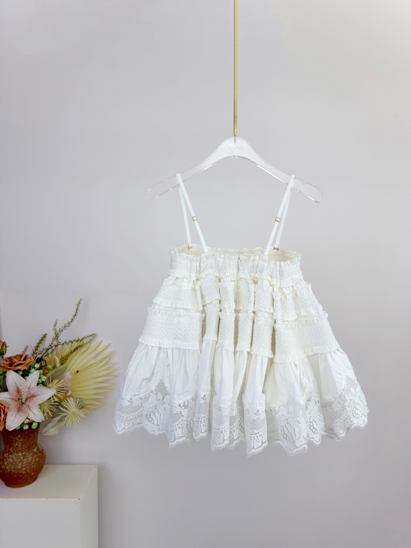 Lovestahl Runway Cotton Tiered Shirred Frill Bandeau Top Tulle Lace Hem Detachable Adjustable Straps Invisible Back Zip Boho Camisole