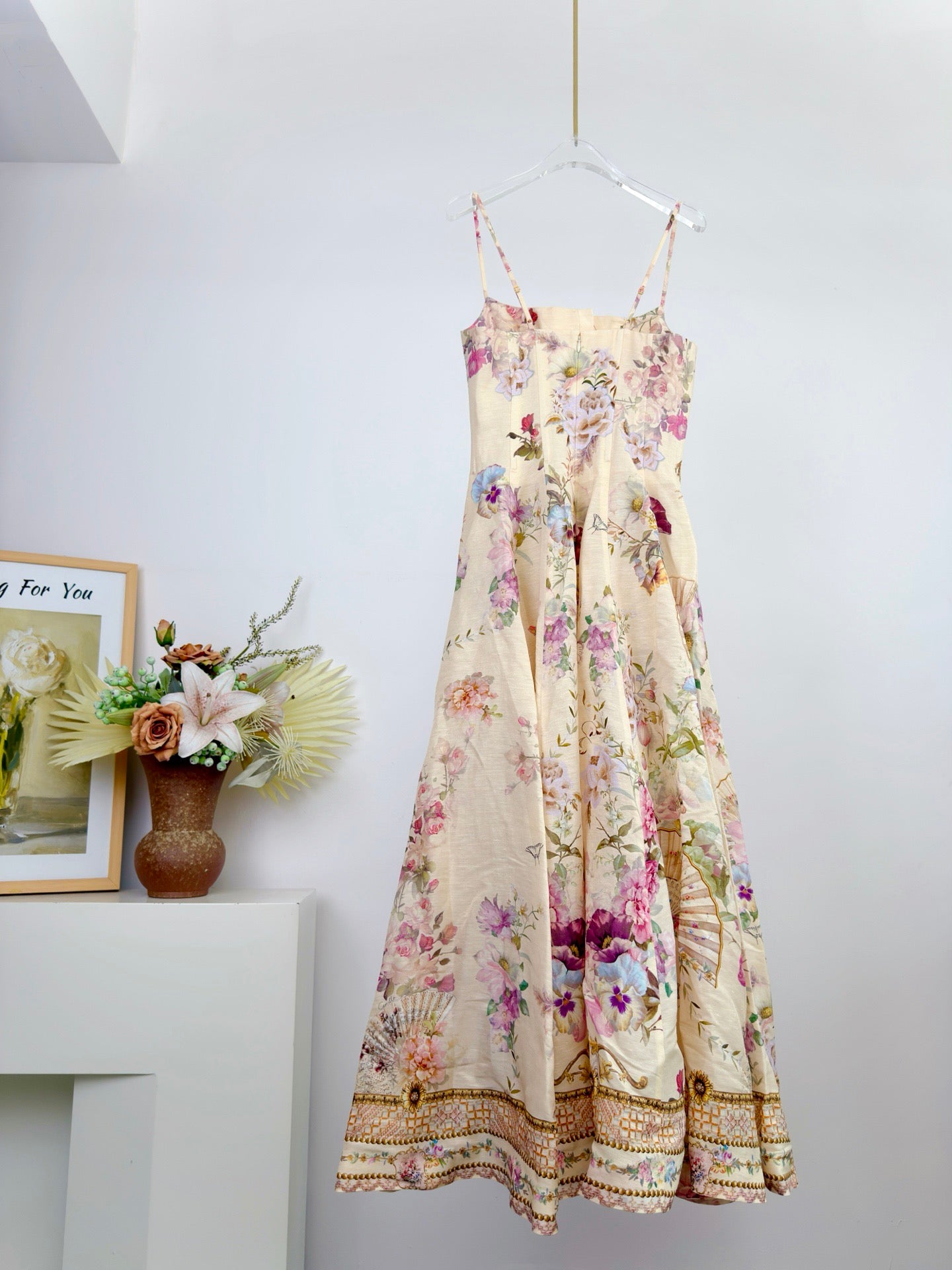 LOVESTAHL Designer Silk Linen Corset Maxi Dress Vintage Position Floral Print Gold Woven Adjustable Strap Front Button High Slit Flare Skirt Crystal Rhinestone Holiday Dress