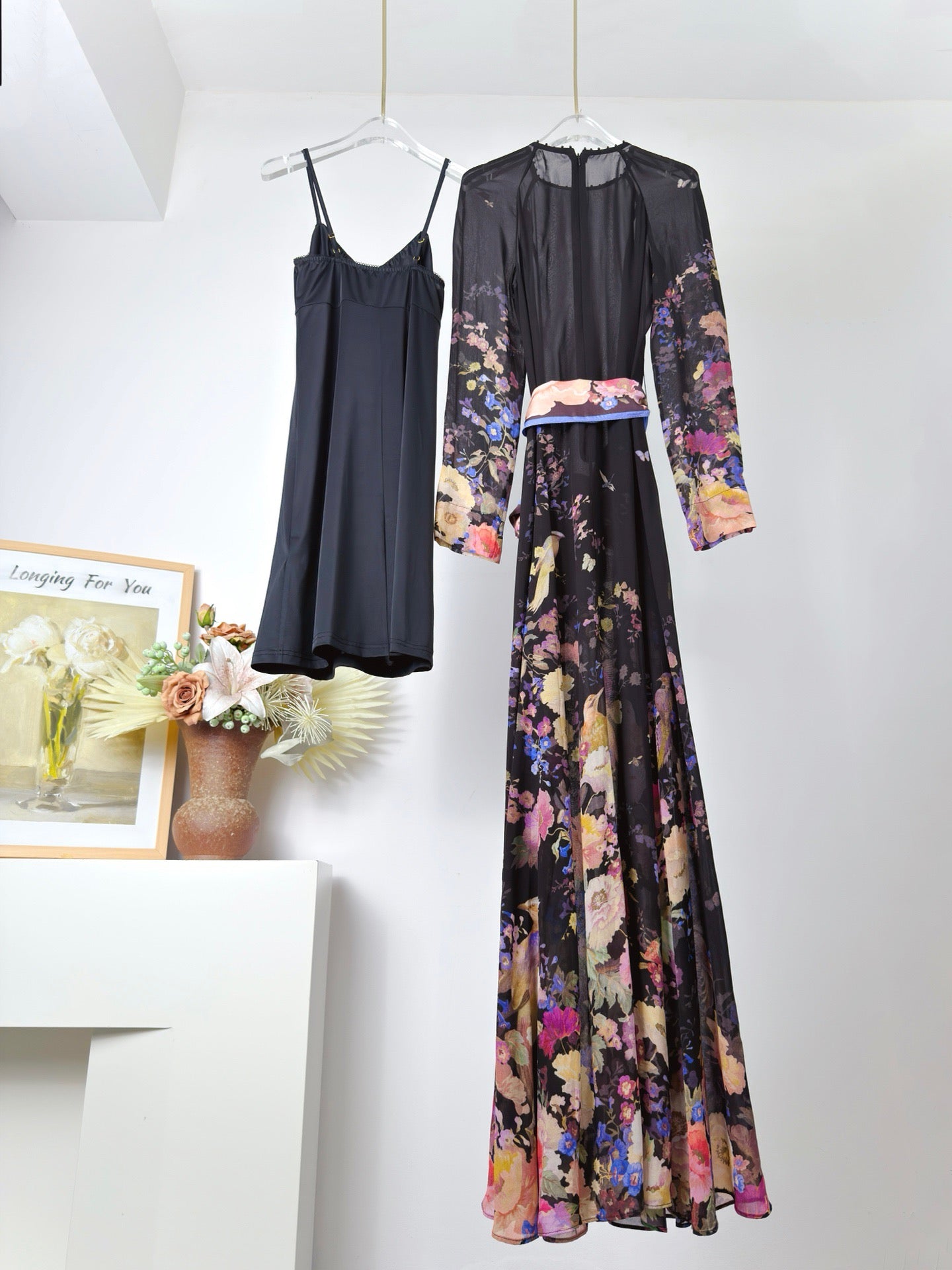Lovestahl 100% Viscose Black Floral Print Long Sleeve Maxi Dress Women Sheer Mesh Tie Waist Slim Elegant Party Long Dress