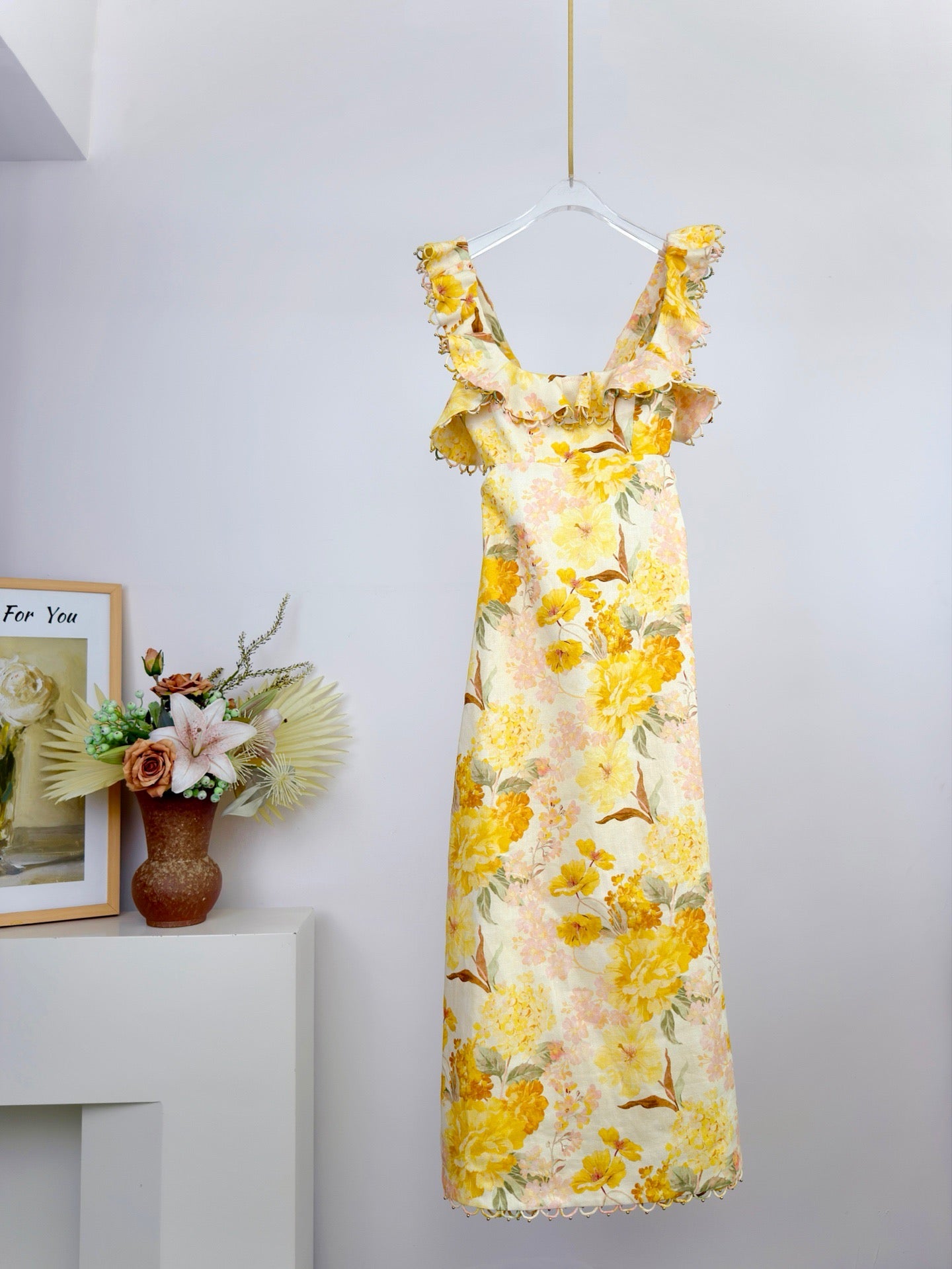 Lovestahl INDRA 100% Linen Midi Dress Women Ruffle Double Strap Square Neck Boned Bust Back Cutout Tie All Over Beaded Summer Vacation Dress