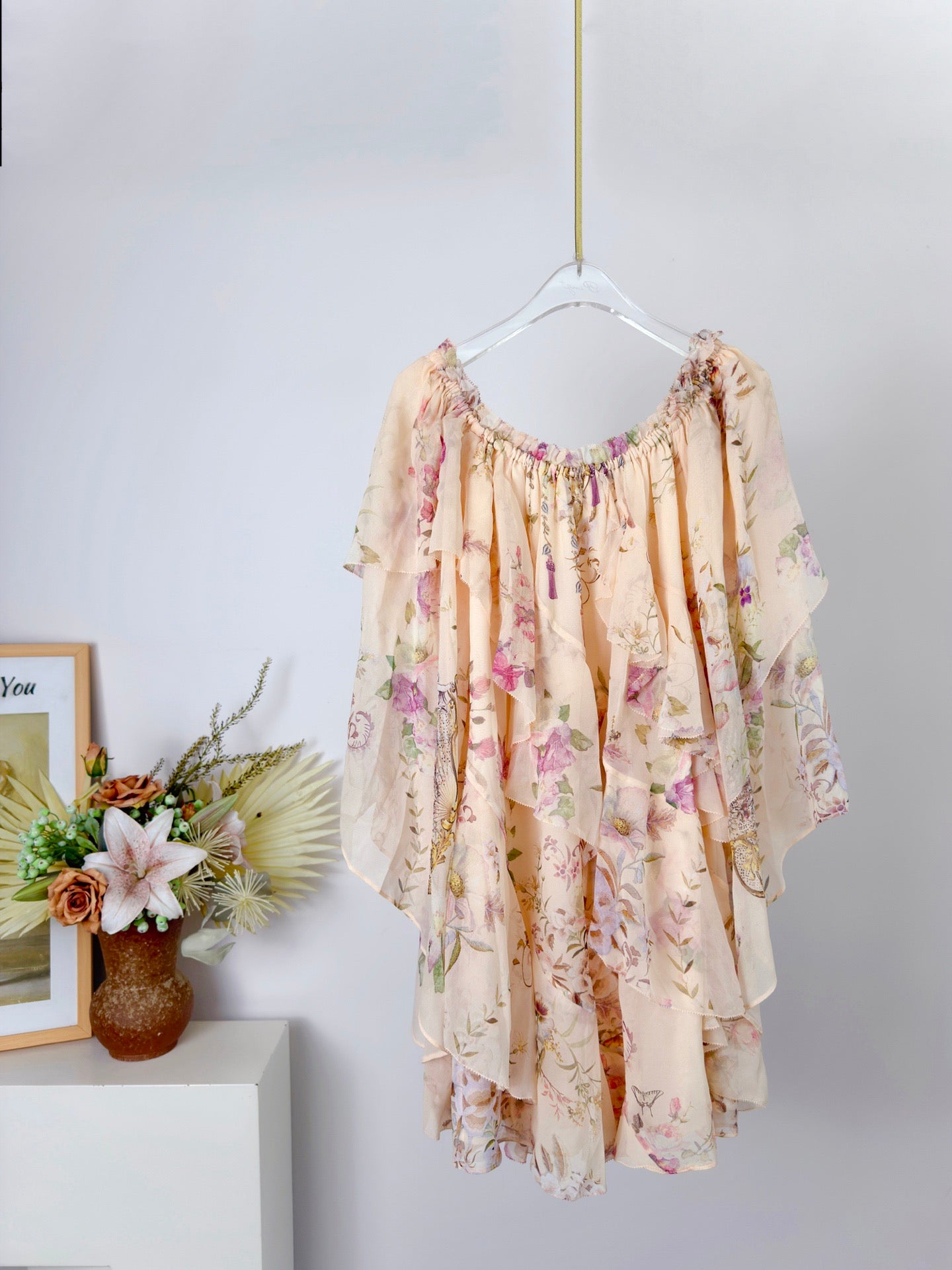 Australian Designer LOVESTAHL 100% Silk Off Shoulder Mini Dress Women Vintage Position Floral Print Elastic Bardot Bell Sleeve Asymmetrical Waterfall Ruffle Vacation Flowy Dress