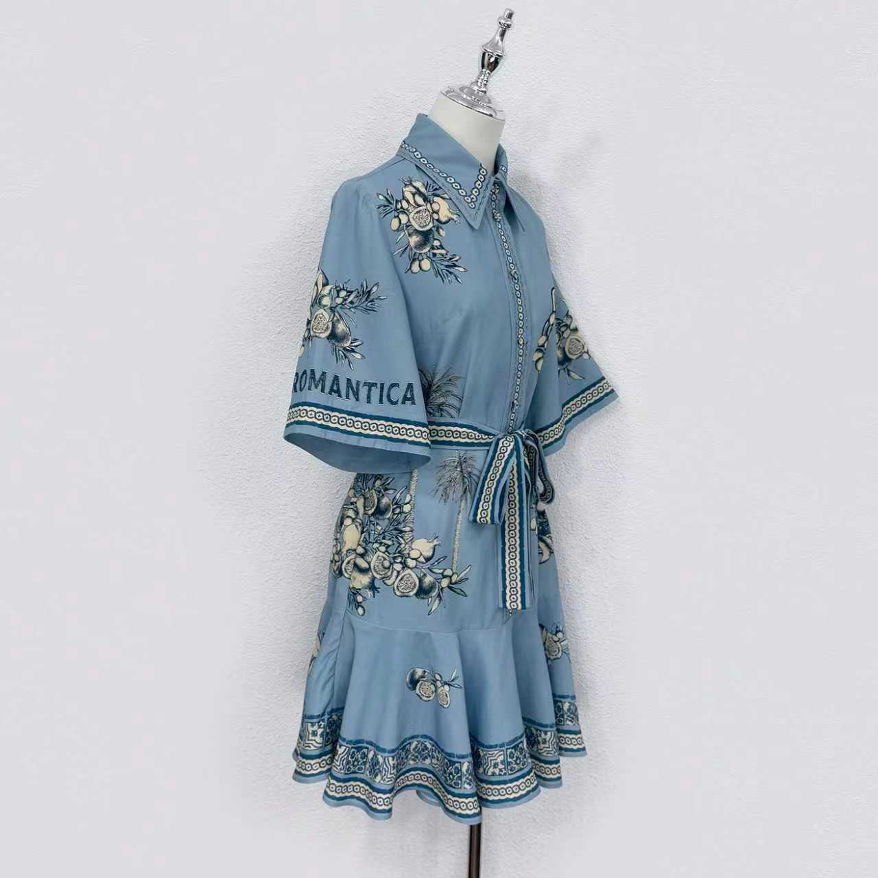 Lovestahl Viral Linen Blend Shirt Dress Mediterranean Lemon Botanical Border Print Belted Flounce Hem Vacation Mini Dress