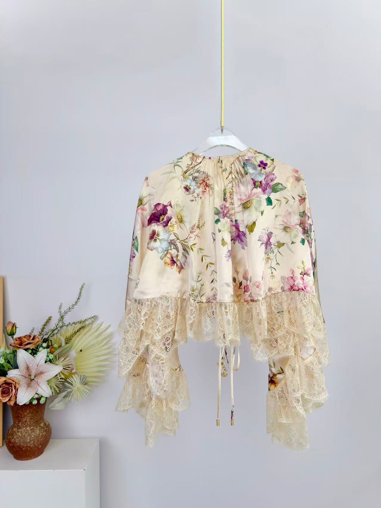 Lovestahl Runway Silk Lace Cape Blouse Batwing Waterfall Ruffle Sleeve Front Tie Heart Tassel Crystal Floral Cropped Top