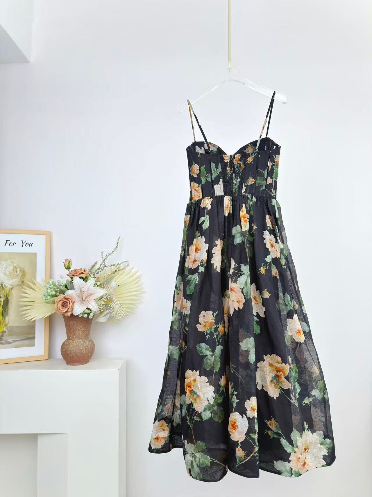 Lovestahl 52% Linen 48% Silk Black Rose Floral Corset Midi Dress Women Spaghetti Strap Sweetheart Hollow Out Bust Flowy A Line Vacation Sundress Style