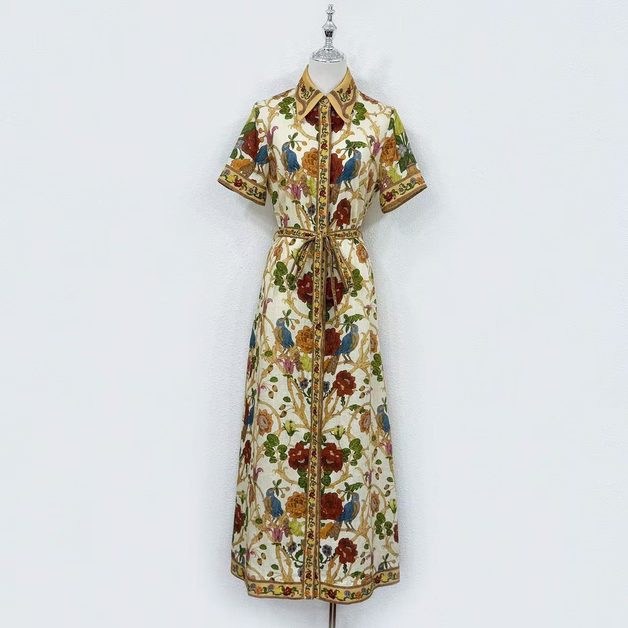 Lovestahl Women Vintage Bird Floral Print Shirt Midi Dress Lapel Short Sleeve Button Front Self Tie Waist Border Trim Retro Garden Holiday Linen Long Dress