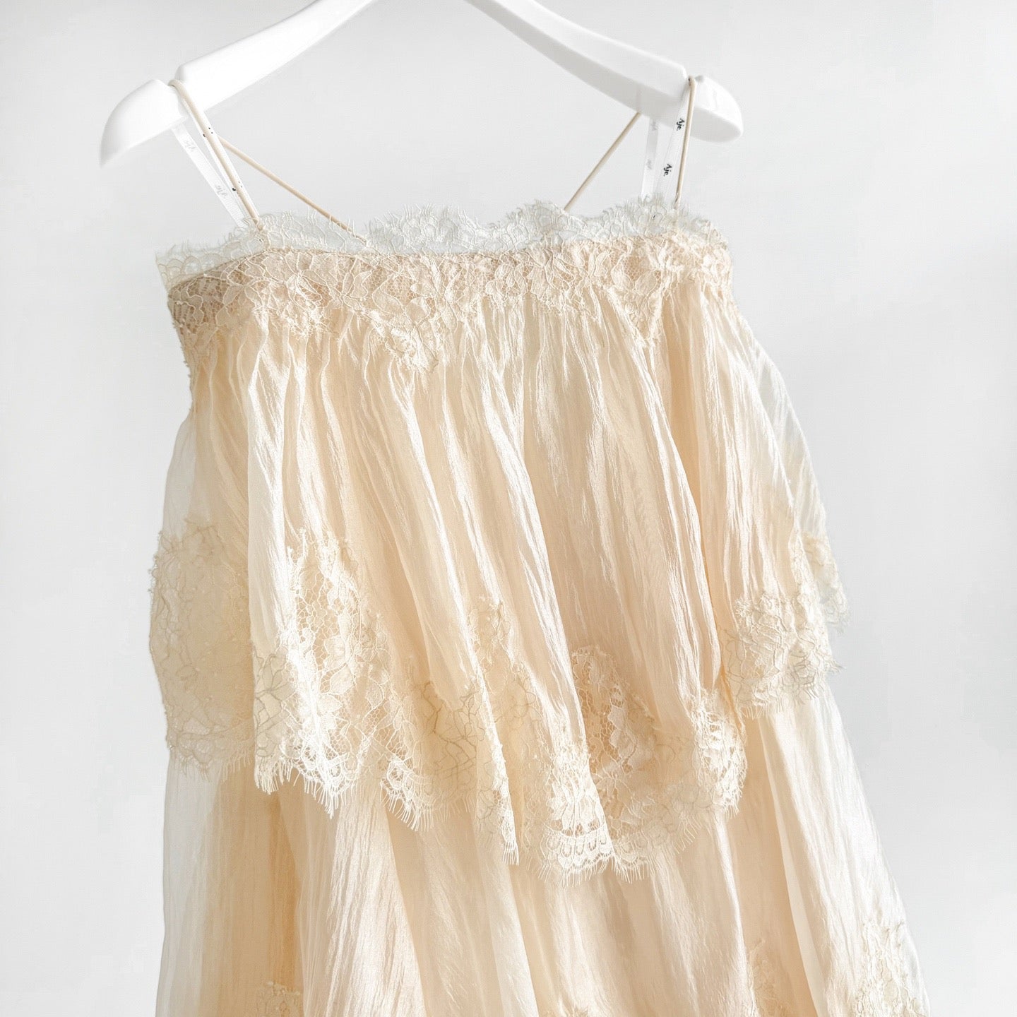 Lovestahl Beige Tiered Lace Tulle Mini Dress Women Thin Spaghetti Strap Off Shoulder Ruffle Layered Fairy Short Dress S/M/L/XL In Stock
