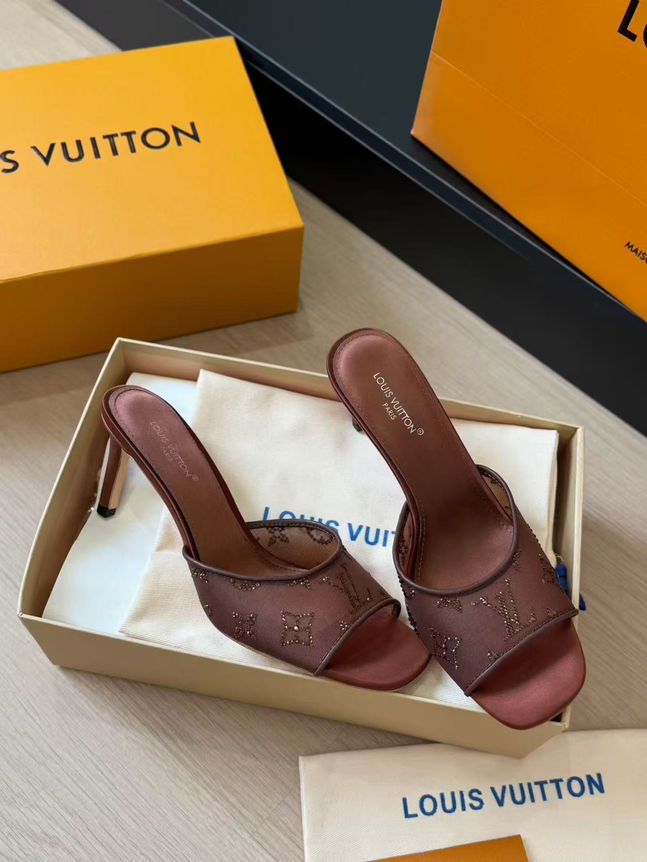 LOVESTAHL Gala Mesh Rhinestone Open‑Toe Heel Mule Sandals