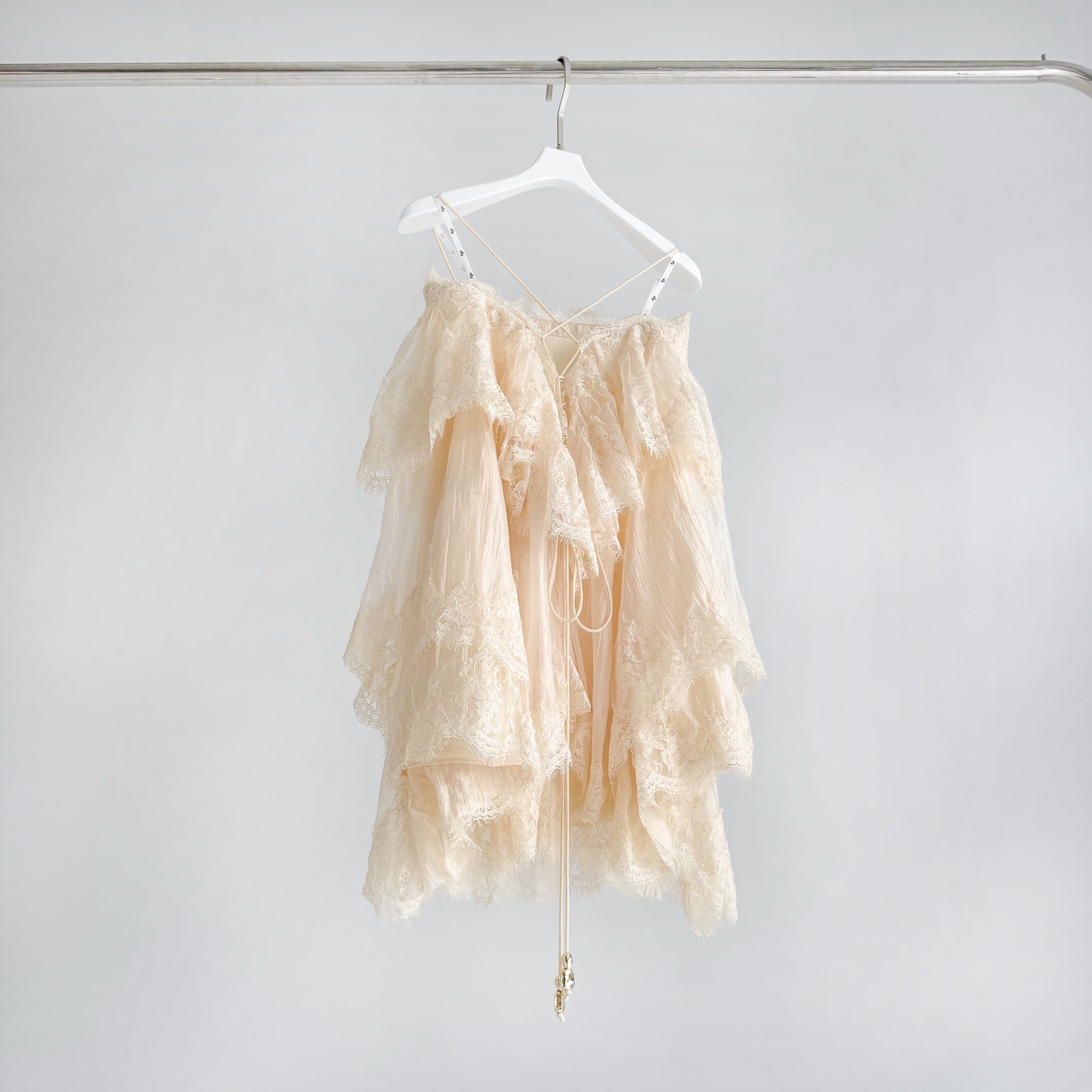Lovestahl Beige Tiered Lace Tulle Mini Dress Women Thin Spaghetti Strap Off Shoulder Ruffle Layered Fairy Short Dress S/M/L/XL In Stock
