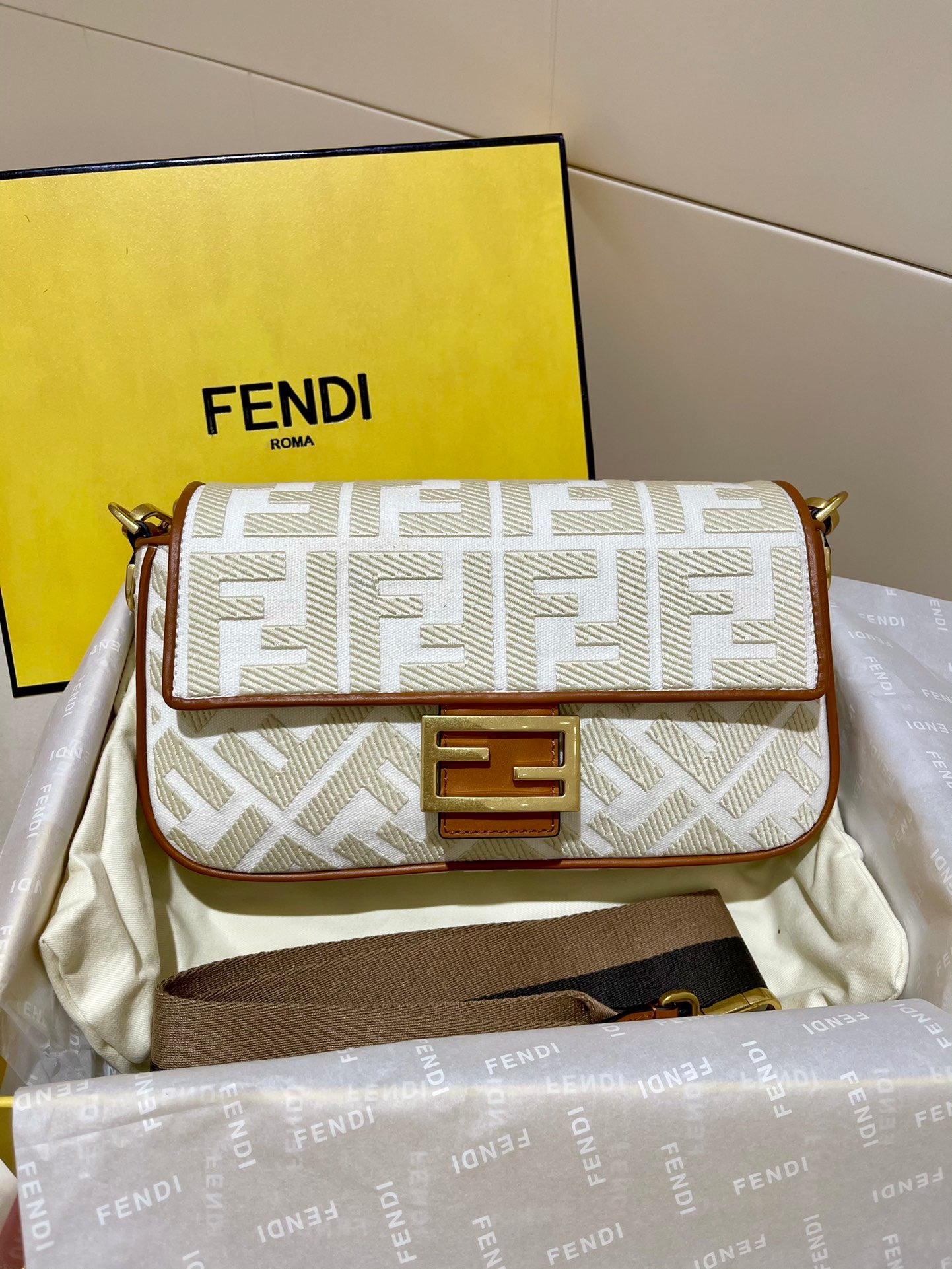 LOVESTAHL Embroidered‑FF Canvas Baguette Shoulder Bag