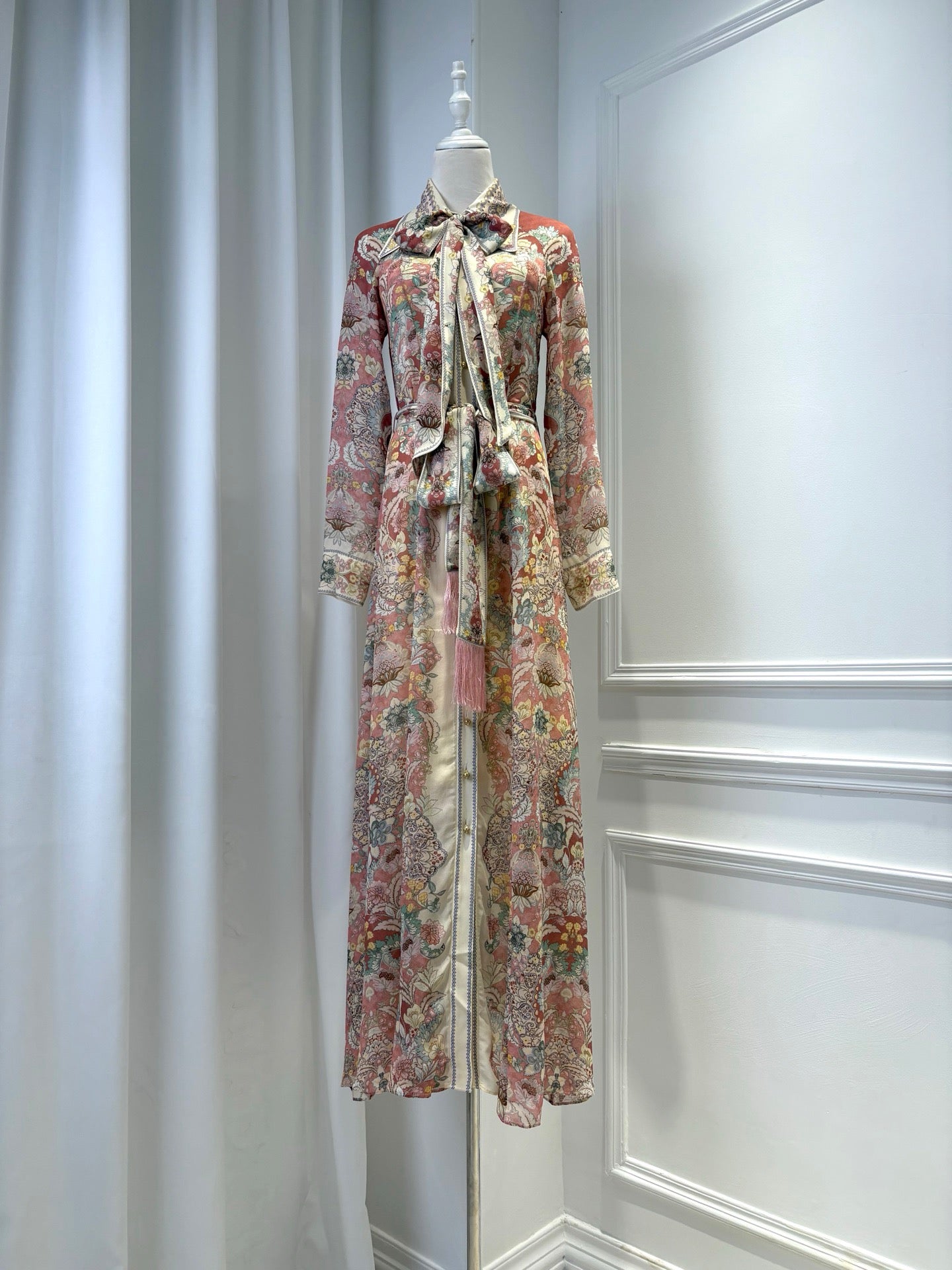 Lovestahl Vintage Pink Floral Print Maxi Dress Women Bow Collar Tassel Tie Waist Belt Long Sleeve Button Front Boho Holiday Long Dress Sizes 0/1/2/3 In Stock
