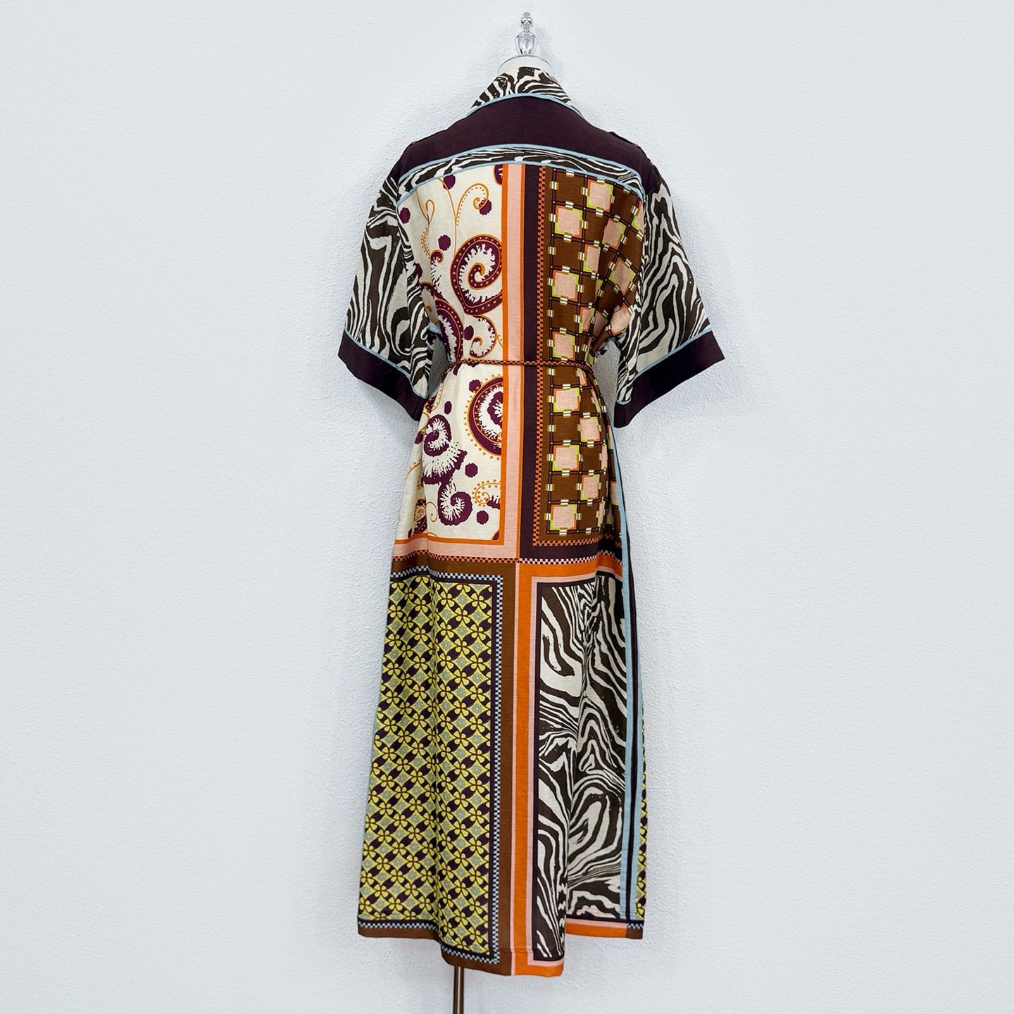 2026 WOMEN Lovestahl Wilson Patchwork Mixed Print Silk Linen Shirt Maxi Dress Women Lapel Short Sleeve Self Tie Waist Long Dress With Separate Cotton Slip Liner Luxury Resort Two Piece Dress Size 6-12 Ready To Ship