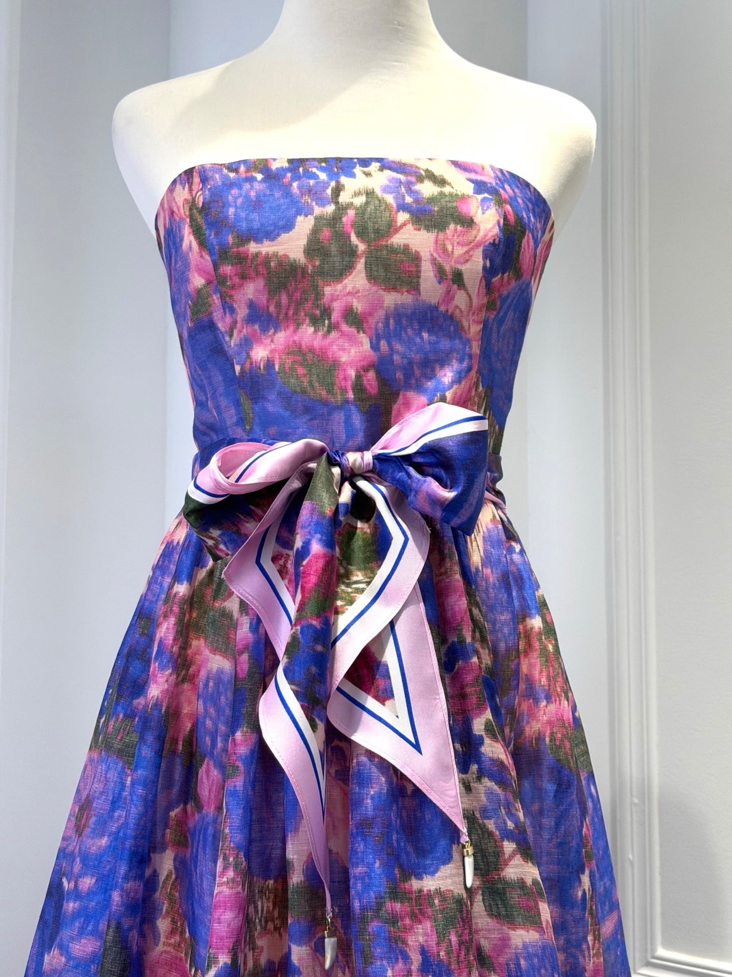 2026 women Lovestahl Women Purple Floral Strapless Maxi Dress Self Tie Bow Belt High Waist Flowy A Line Long Sundress Summer Wedding Guest Formal Dress