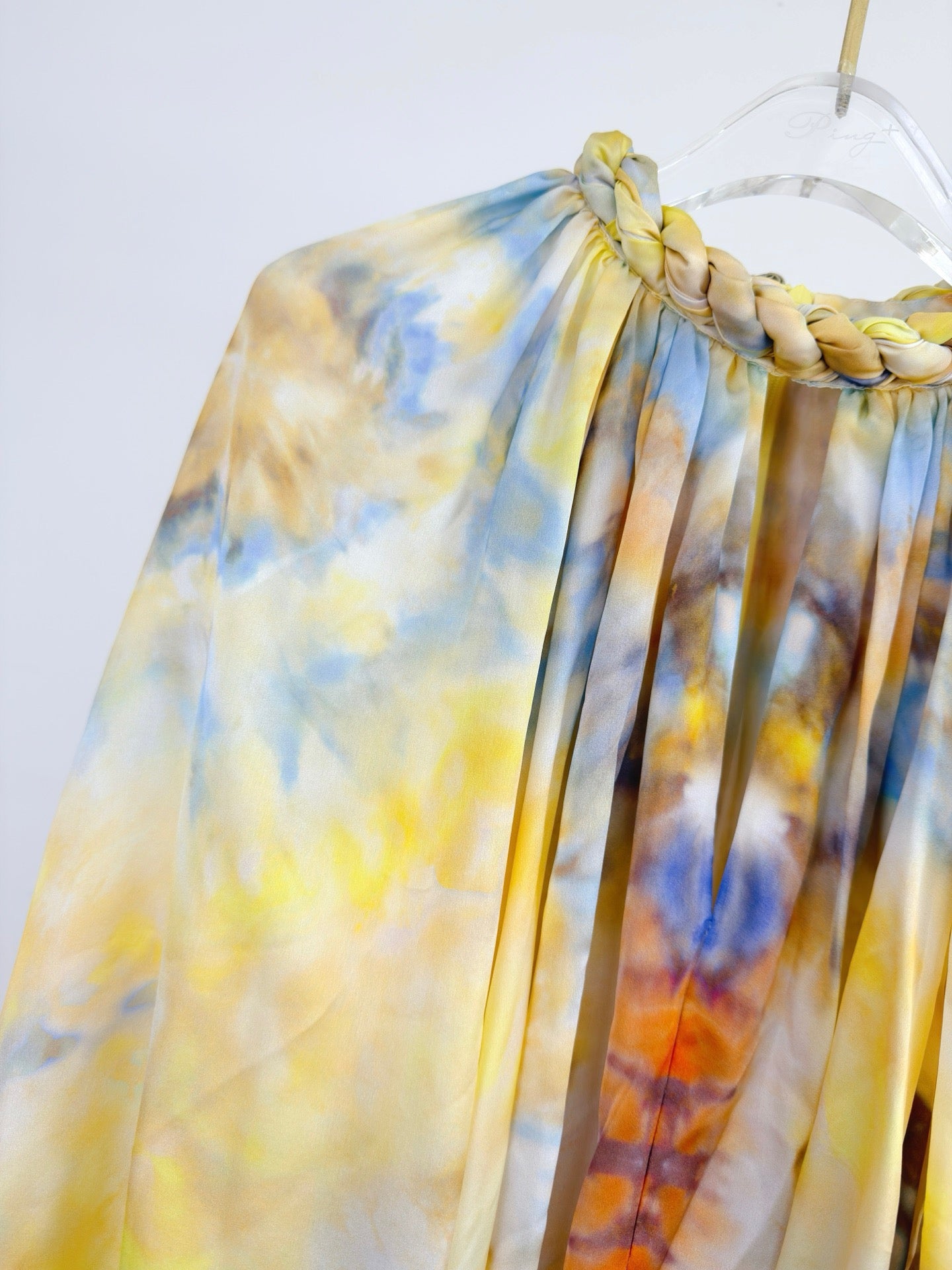 Lovestahl Runway Yellow Tie Dye Playsuit Women Braided Twisted Halter Keyhole Cutout Oversized Side Slit Long Sleeve Bubble Hem Ruffle Shorts Bohemian Beach Romper