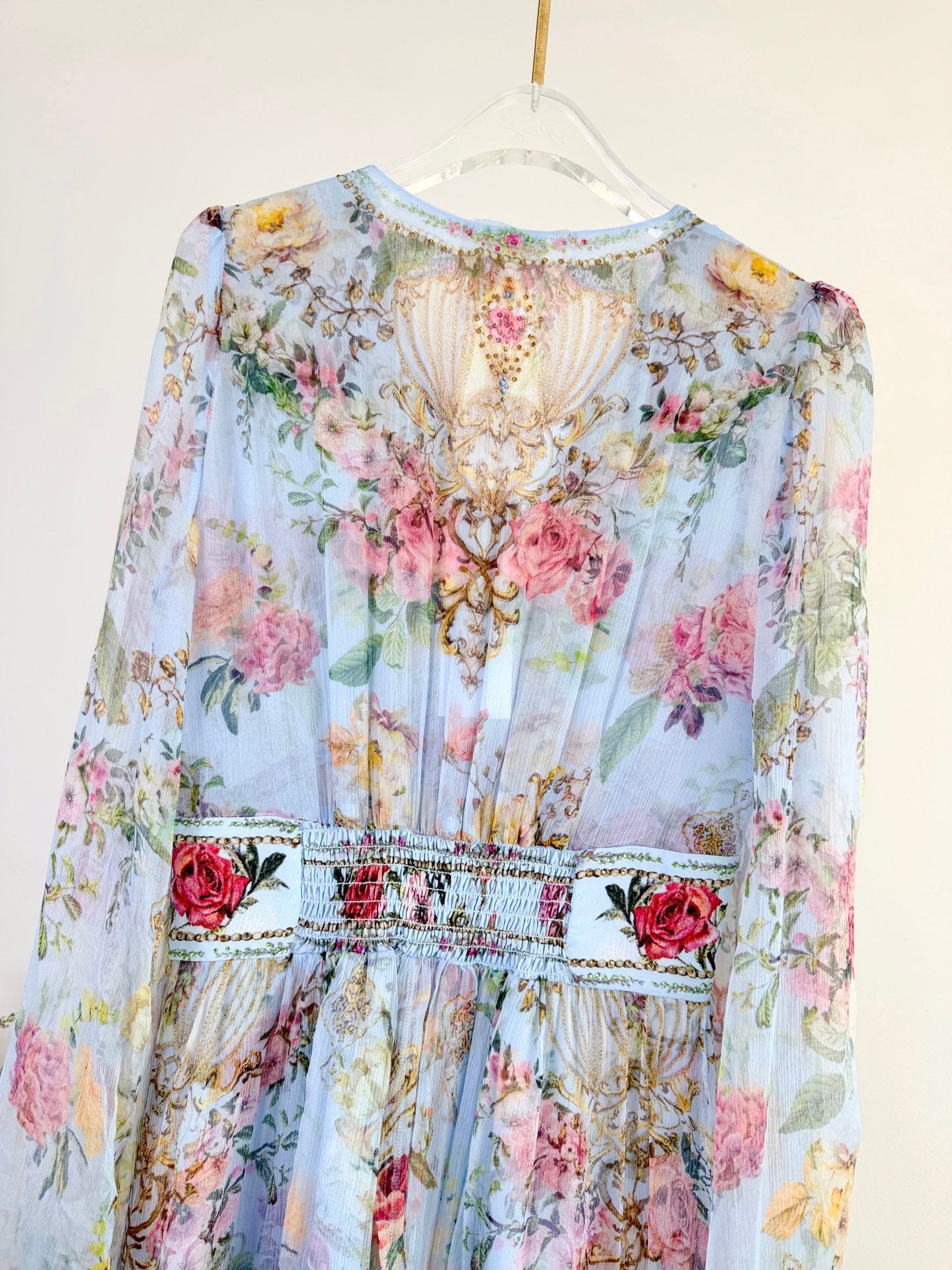 Lovestahl Runway Collection 100% Silk Maxi Dress Women Deep V Flared Bell Sleeve Matching Waist Belt Hand Crystal Rhinestone Vintage Floral Print Fitted Long Party Dress