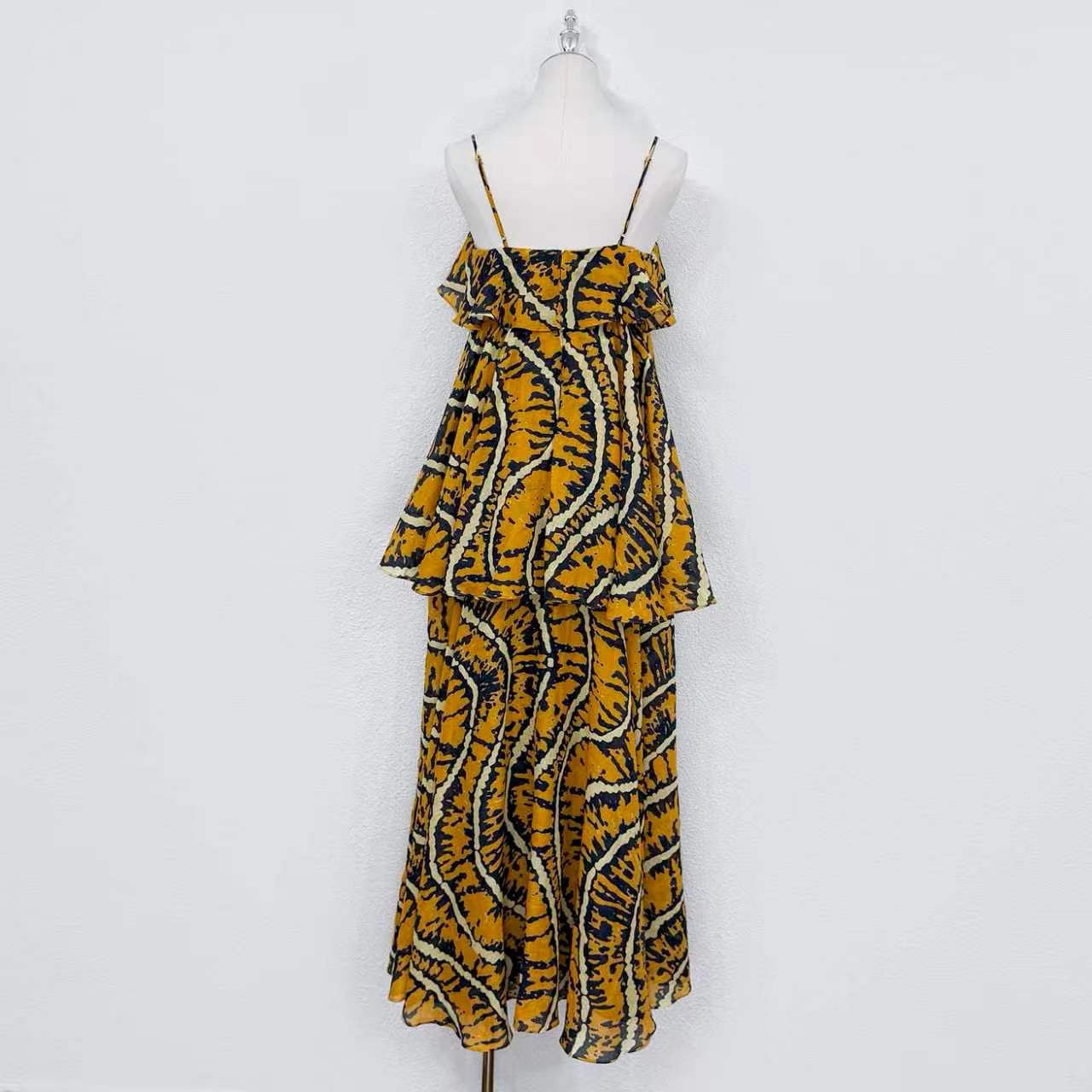 2026 women lovestahl Lovestahl Women Yellow Tiger Stripe Print Spaghetti Strap Maxi Dress Double Layer Ruffle Tiered Flowy Chiffon Long Sundress Summer Beach Vacation Boho Dress