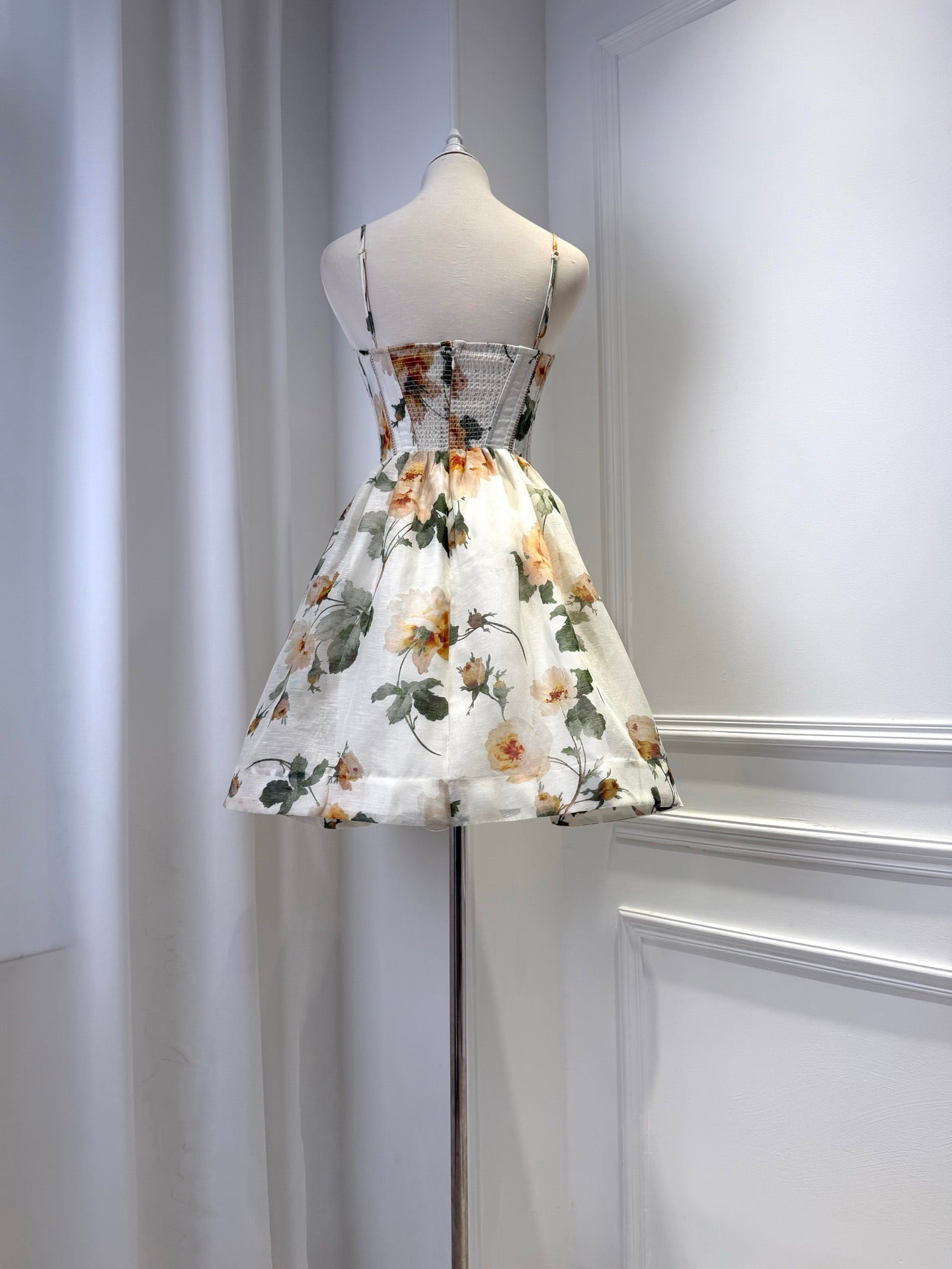 2026 WOMEN Lovestahl Yellow Rose Floral Print Corset Mini Dress Women Thin Spaghetti Strap Bow Bust Structured Waist Flare Skirt Summer Short Dress Sizes 0/1/2/3 In Stock