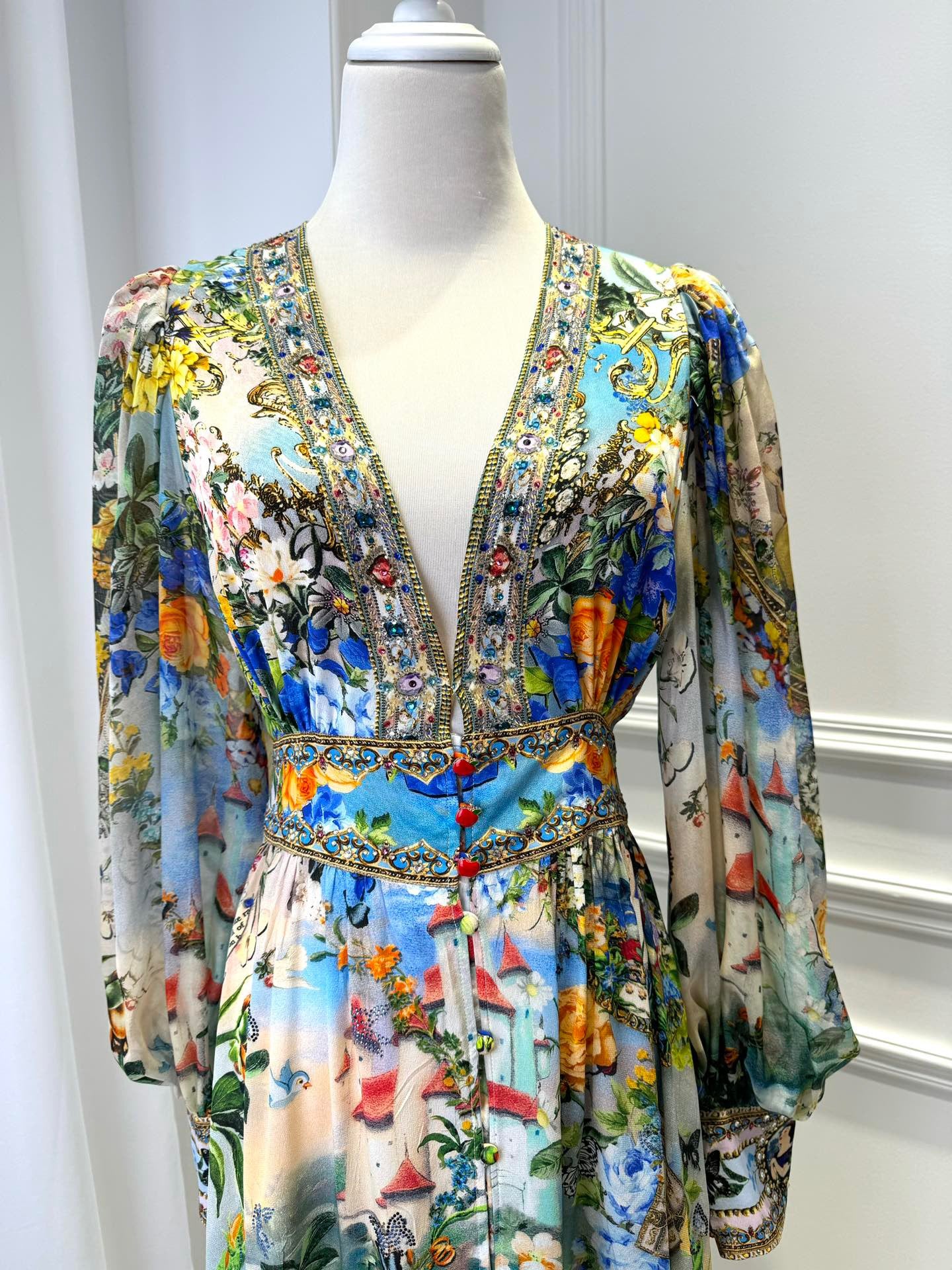 2026 WOMEN LOVESTAHL Fairytale Garden Print Maxi Dress Women Deep V Neck Rhinestone Trim Puff Long Sleeve High Waist Ruffle Hem Vacation Long Dress